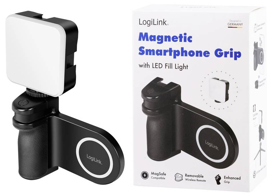 Magnetický smartphone grip od LogiLink s LED přisvětlovacím světlem a obalem. Kompatibilní s MagSafe, obsahuje bezdrátové dálkové ovládání.