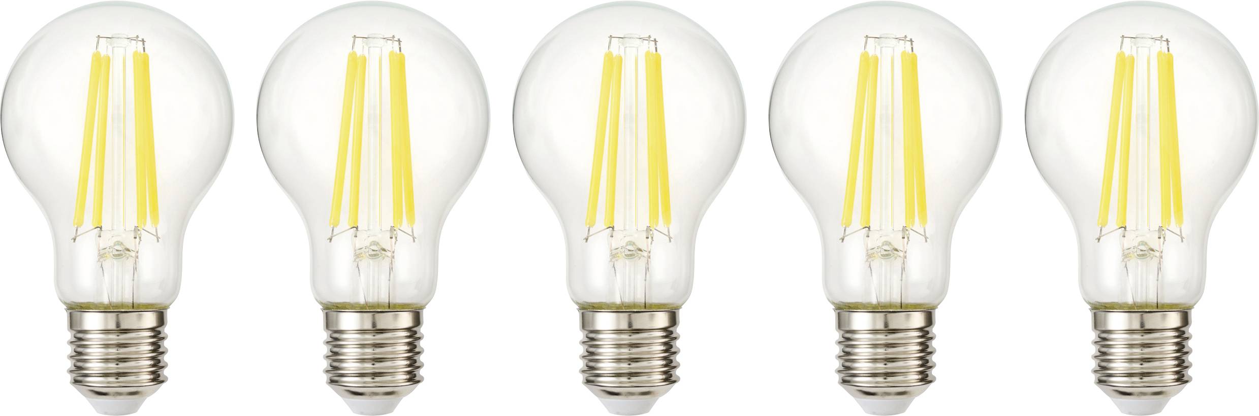 Pět LED žárovek uspořádaných v řadě, všechny shodné se žhnoucími vlákny, reprezentující energetickou účinnost a moderní osvětlení.