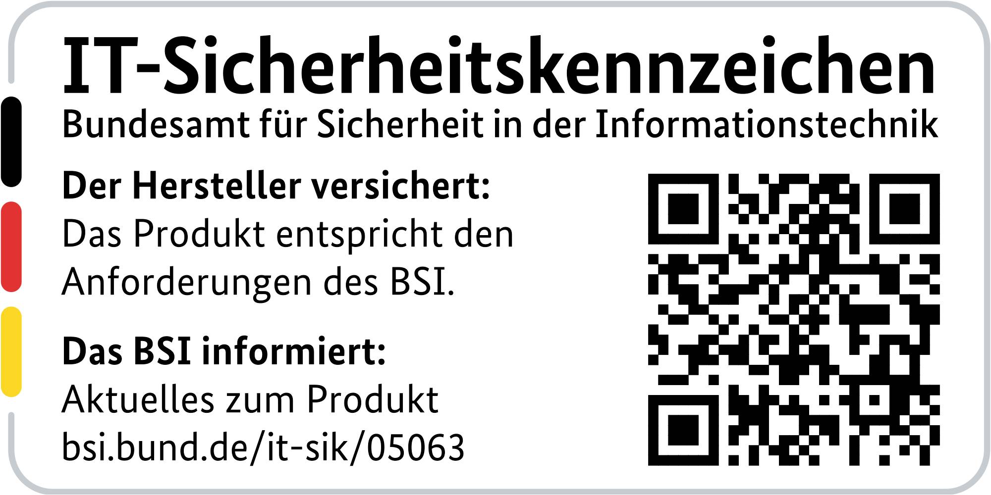 Bezpečnostní označení IT. Výrobce ujišťuje: Produkt splňuje požadavky BSI. BSI informuje: Aktuální informace k produktu naleznete na bsi.bund.de/it-sik/05063.