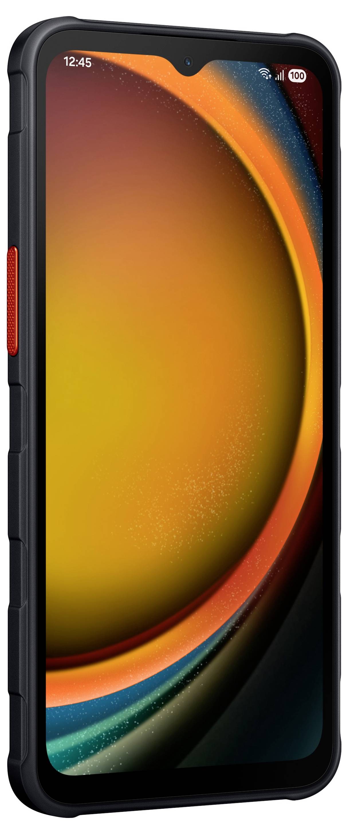 Robustní smartphone s velkým displejem, obklopený ochranným černým pouzdrem. Obrazovka zobrazuje abstraktní, barevný vzor.
