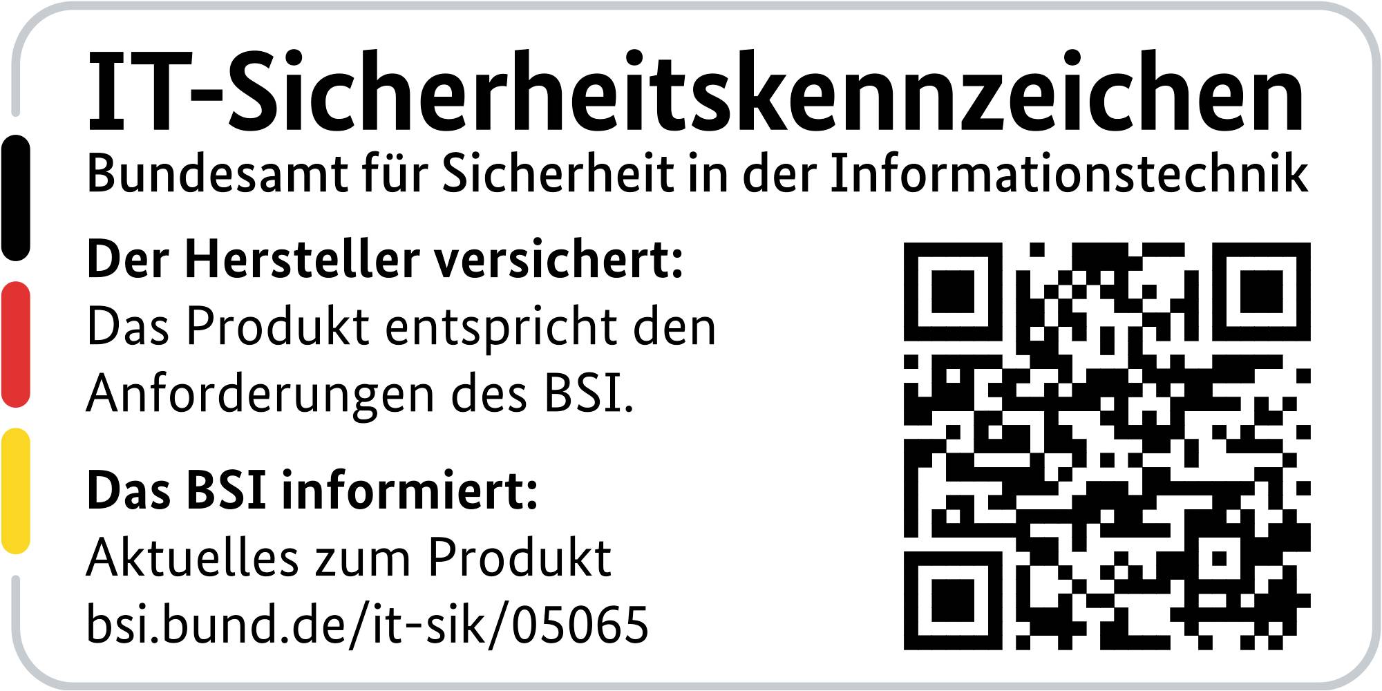 Bezpečnostní označení IT podle BSI. Výrobce potvrzuje: Produkt splňuje požadavky BSI. QR kód pro aktuální informace.