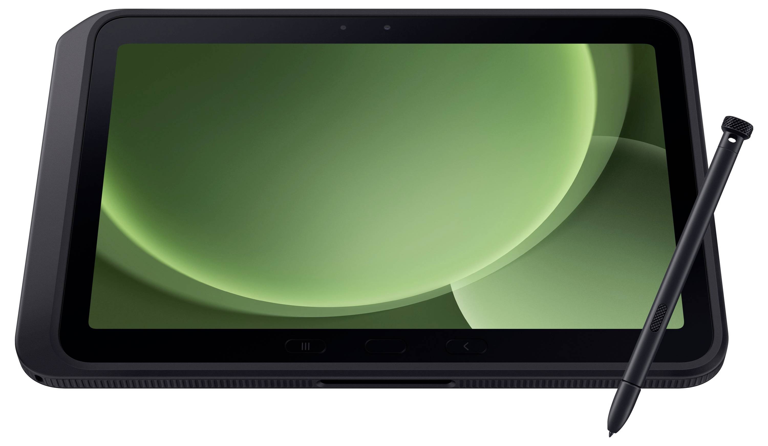 Černý tablet s perem leží vedle něj. Obrazovka zobrazuje zelený abstraktní vzor.