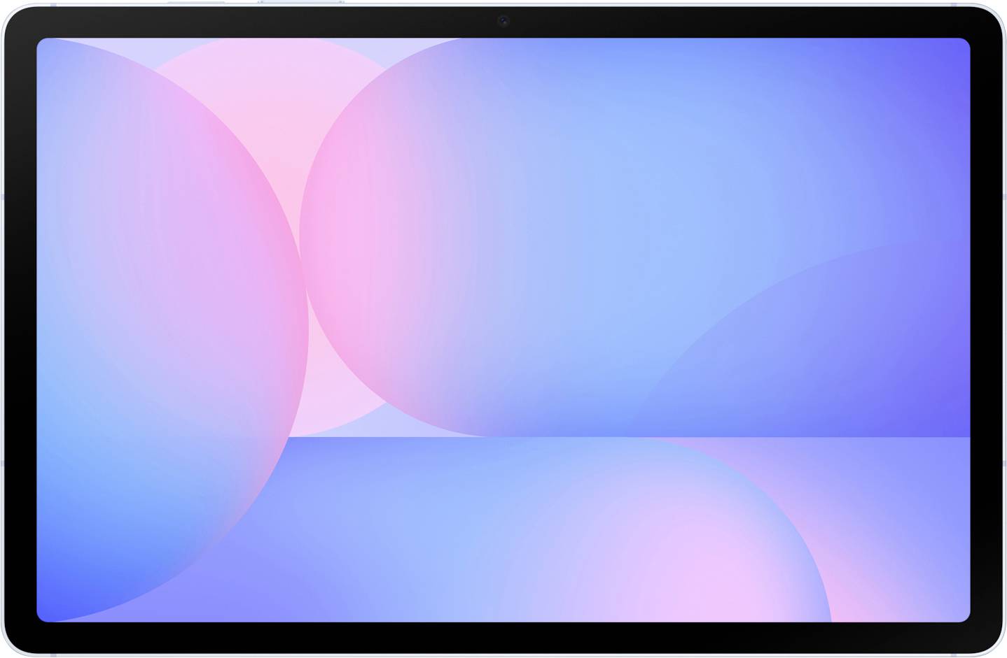 Tablet s černým rámečkem zobrazuje abstraktní design v pastelových barvách růžové a modré na obrazovce.