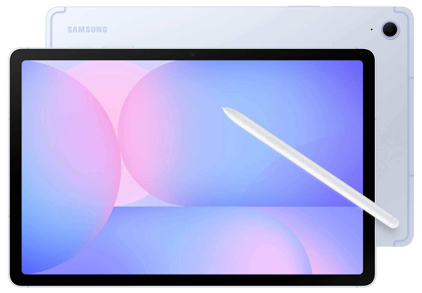 Tablet s perem leží diagonálně na podkladu v modrých a růžových tónech. V levém horním rohu je viditelné logo.