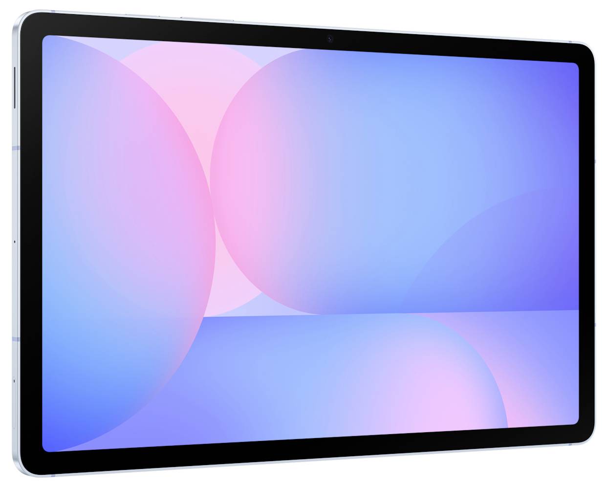 Tablet s velkým displejem zobrazuje abstraktní, barevný vzor v odstínech modré a růžové.