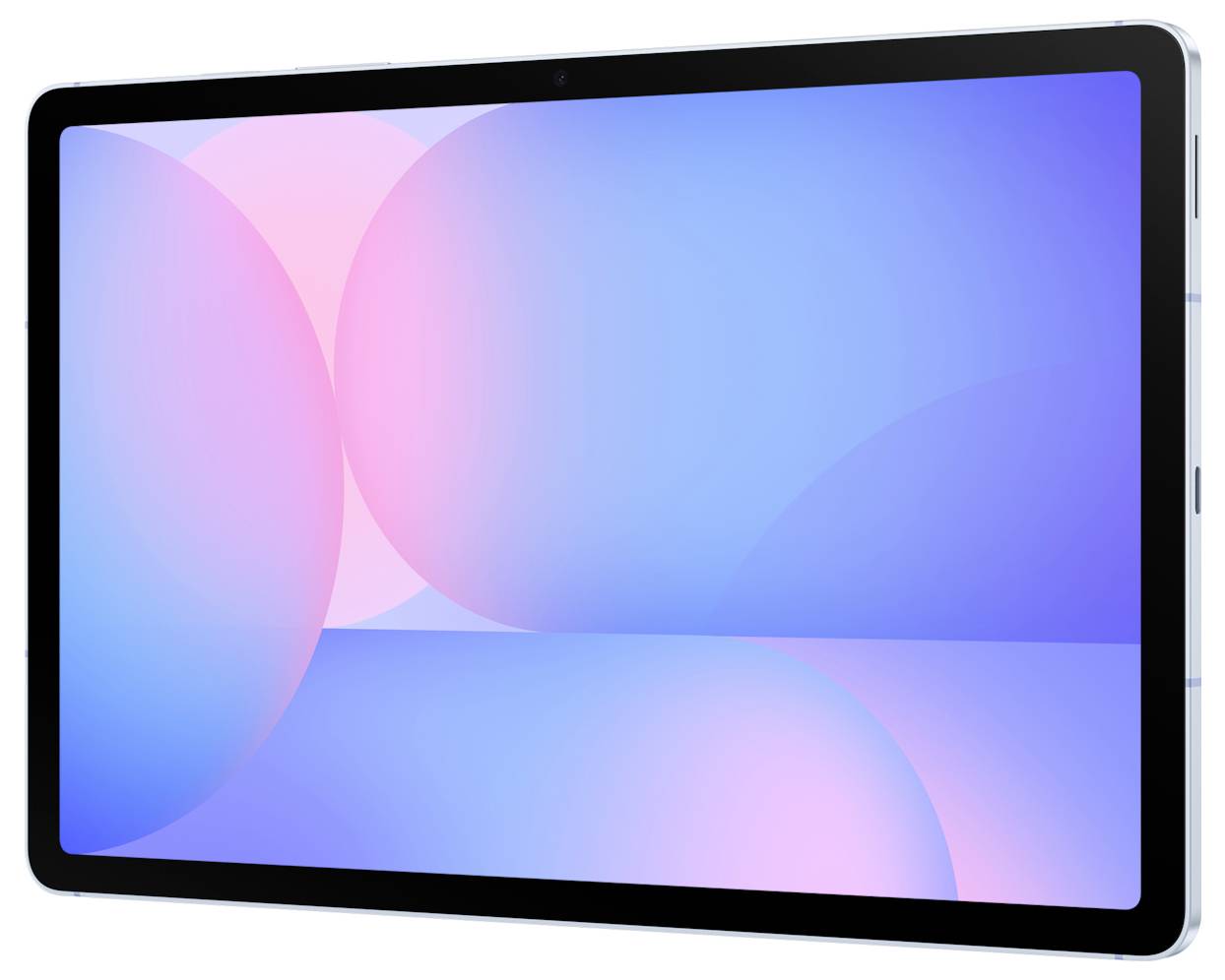 Tablet s velkým, lesklým displejem. Pozadí zobrazuje abstraktní design s překrývajícími se růžovými a modrými kruhy.