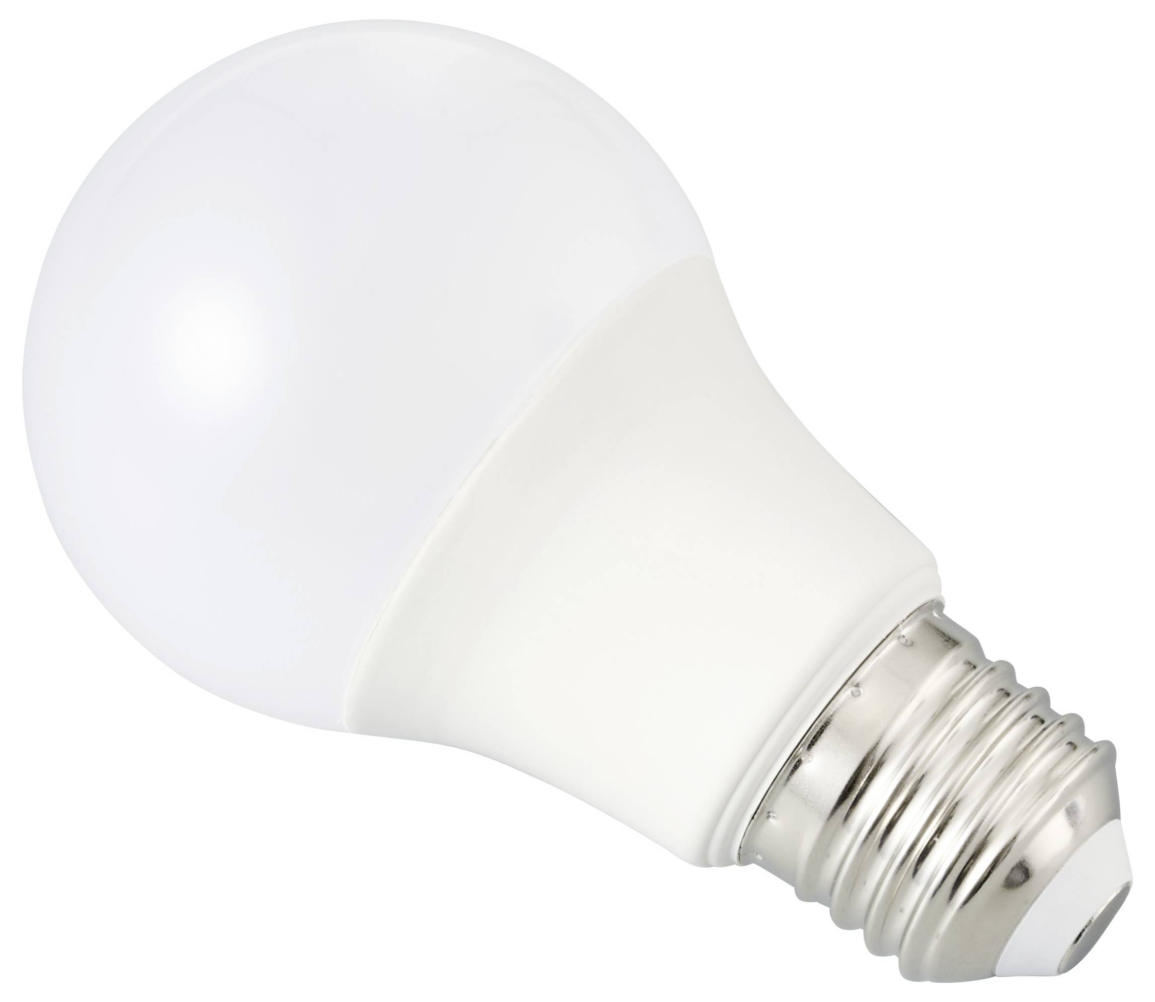Bílá LED žárovka se stříbrnou šroubovací paticí je mírně nakloněna do strany.