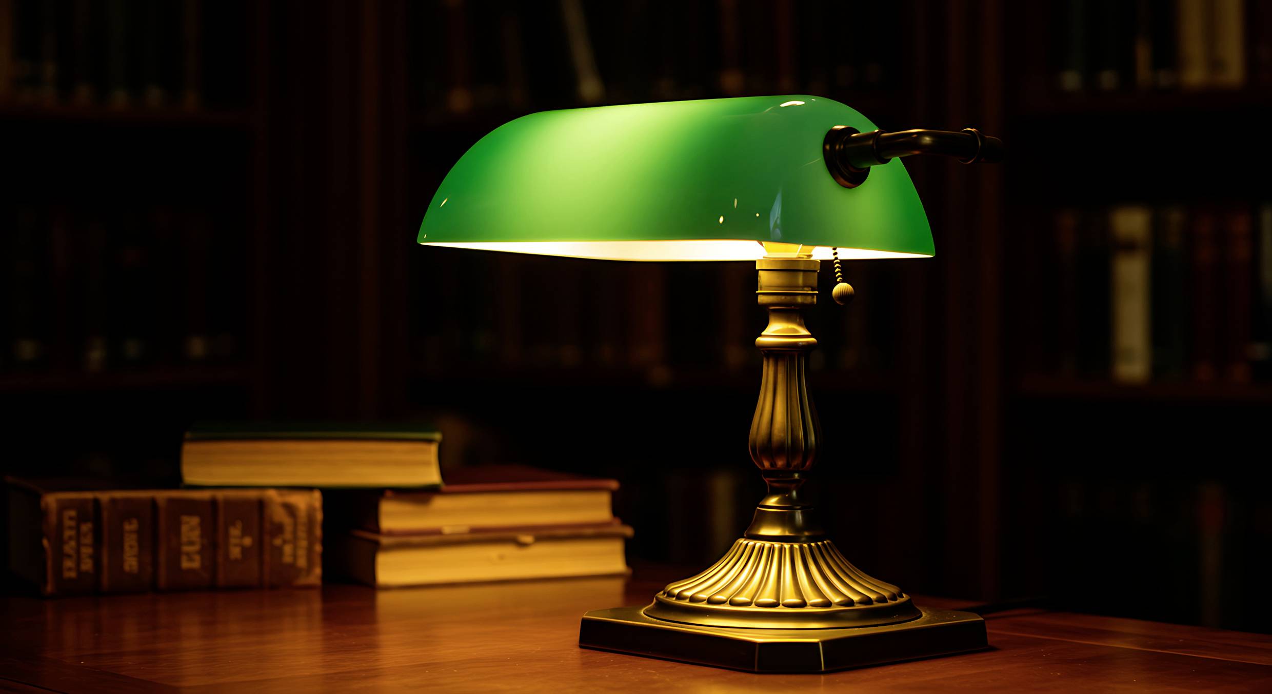 Mosazná a zelená skleněná bankovní lampa na dřevěném stole v knihovně, s hromádkou knih v pozadí.