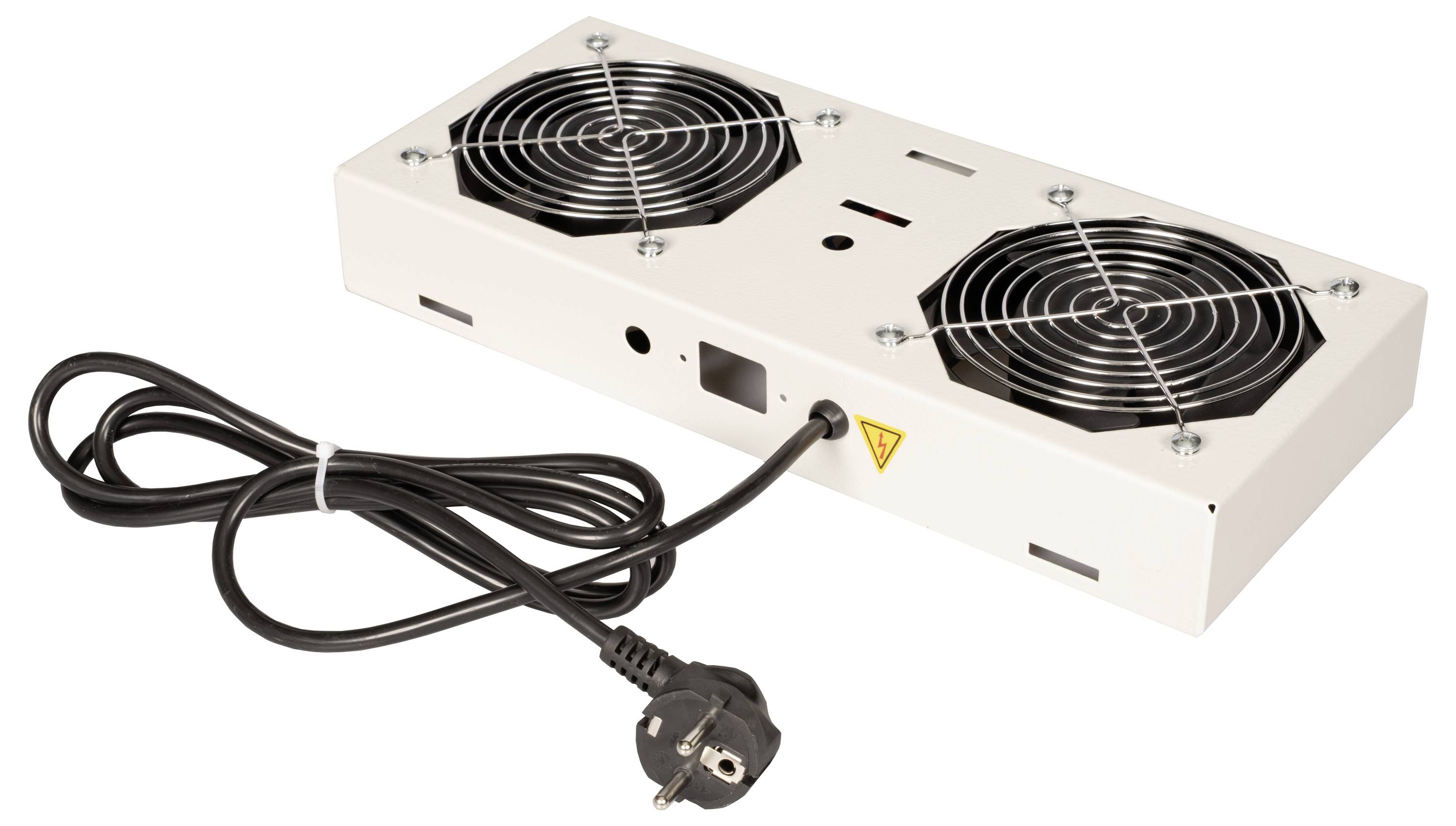 Bílé obdélníkové elektronické zařízení se dvěma ventilátory a napájecím kabelem s koncovkou v popředí.