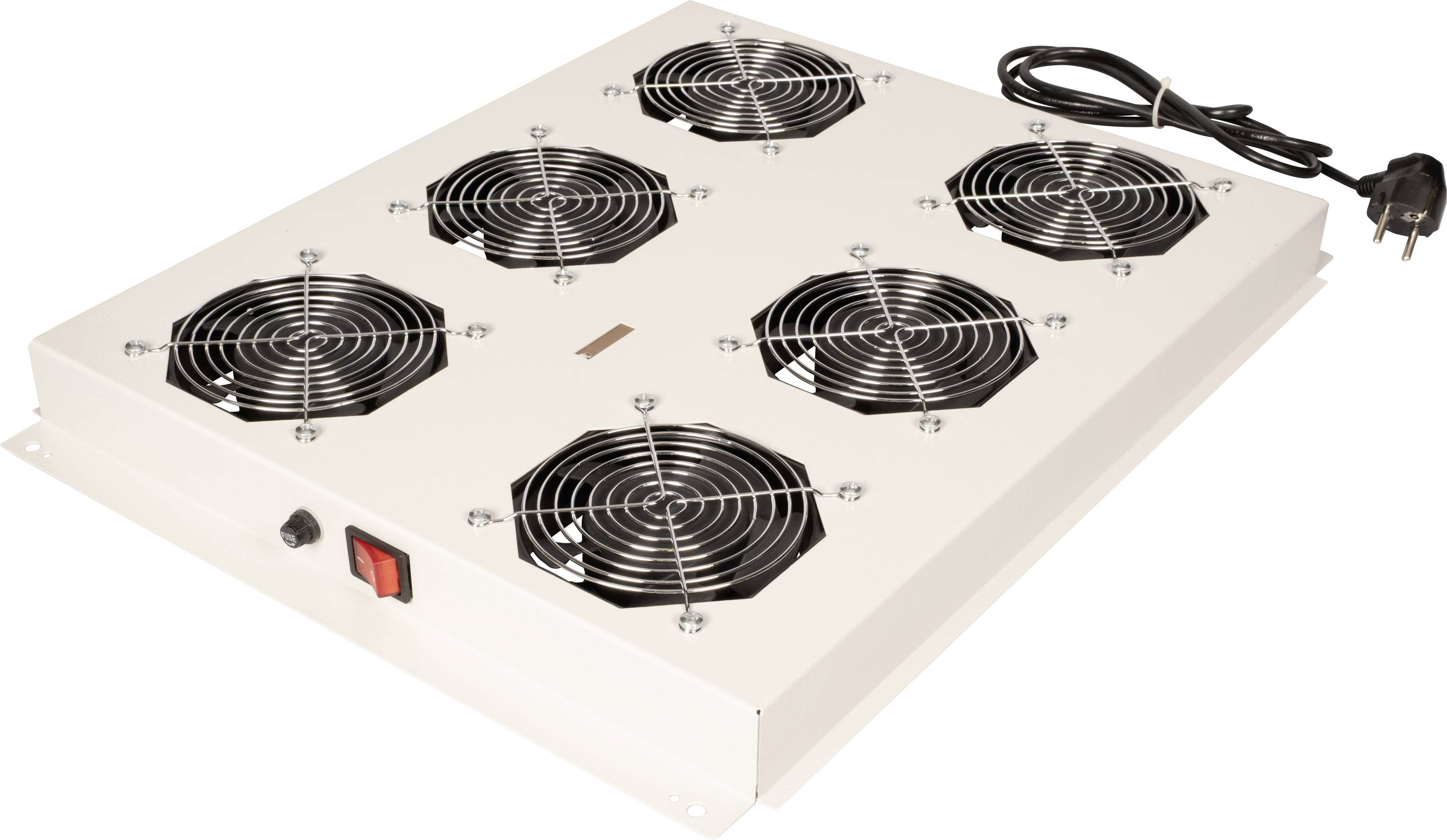 Kovová chladicí jednotka se šesti kruhovými ventilátory, vypínačem a připojenou zástrčkou.