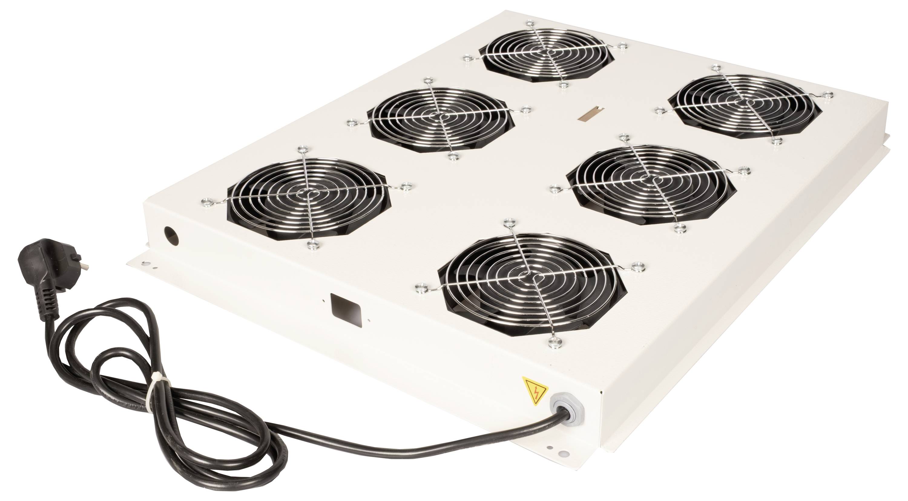 Elektronické zařízení se šesti chladicími ventilátory a napájecím kabelem, používané pro ventilační nebo chladicí systémy.