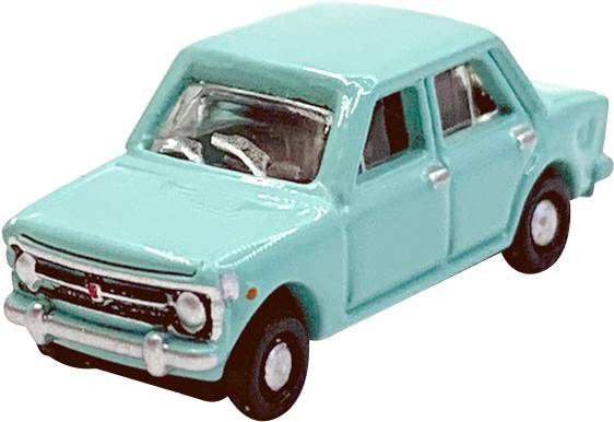 Tyrkysové modelové auto, které představuje klasickou limuzínu. Má čtyři dveře a bílé pneumatiky.