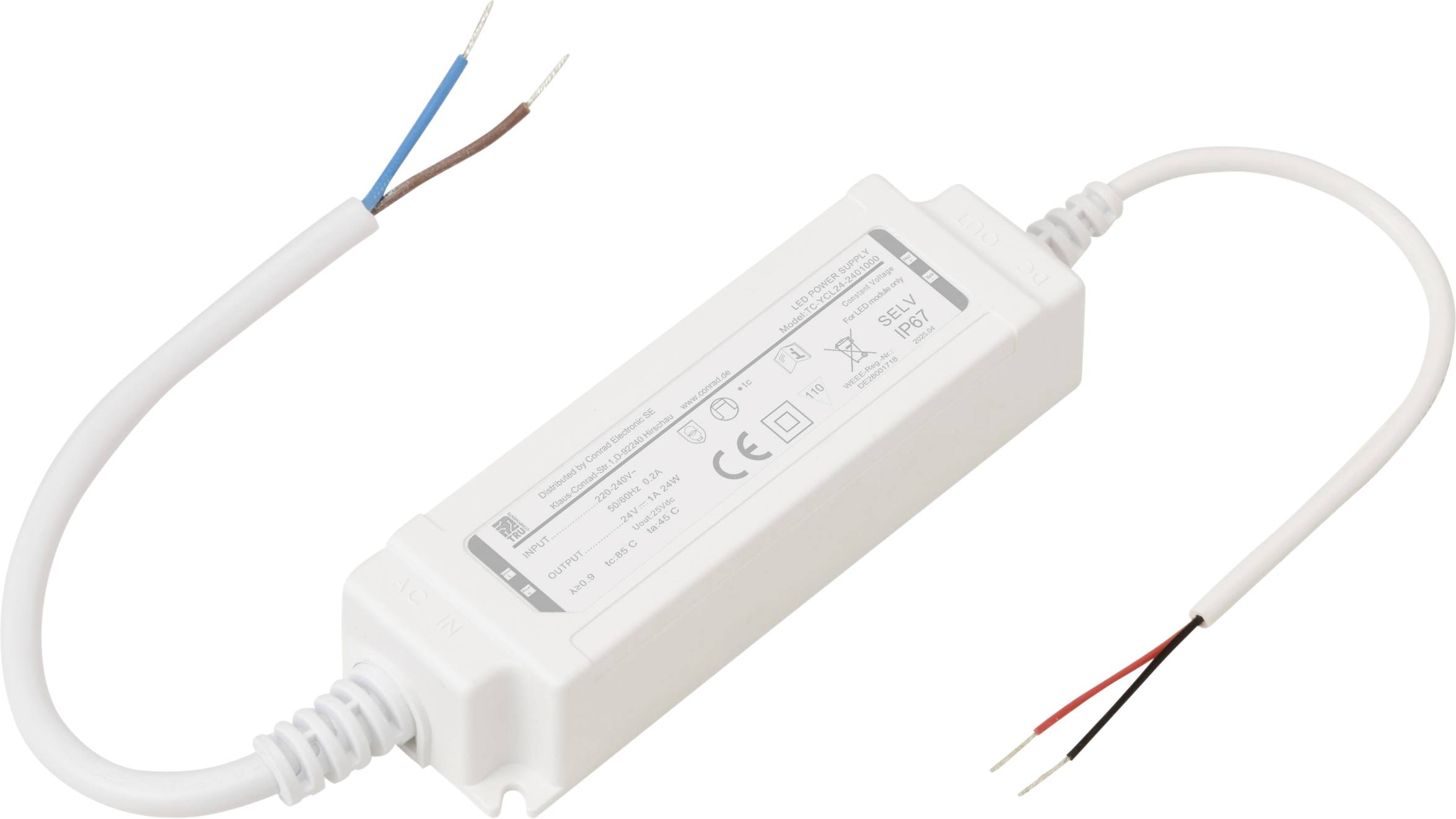 Napájecí zdroj pro bílou LED s přívodními a výstupními vodiči, s vytištěnými specifikacemi na krytu.