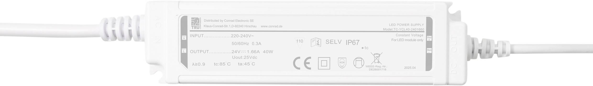 Bílý LED driver se specifikacemi na štítku, včetně 'Model: SOU-50-350' a údajů o výkonu. Jsou viditelné symboly CE a recyklace.
