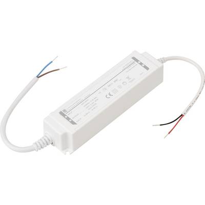 Obdélníkový bílý LED driver s napájecími vodiči na jednom konci a výstupními vodiči na druhém konci, označený elektrickými specifikacemi.