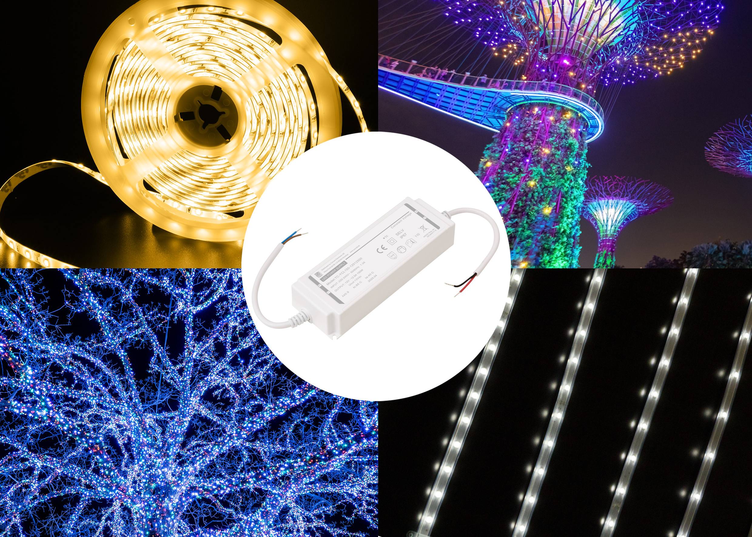 Aplikace LED osvětlení: teplé LED pásky na cívce, barevná instalace na stromě, osvětlené stromové větve a vertikální světelné lišty.