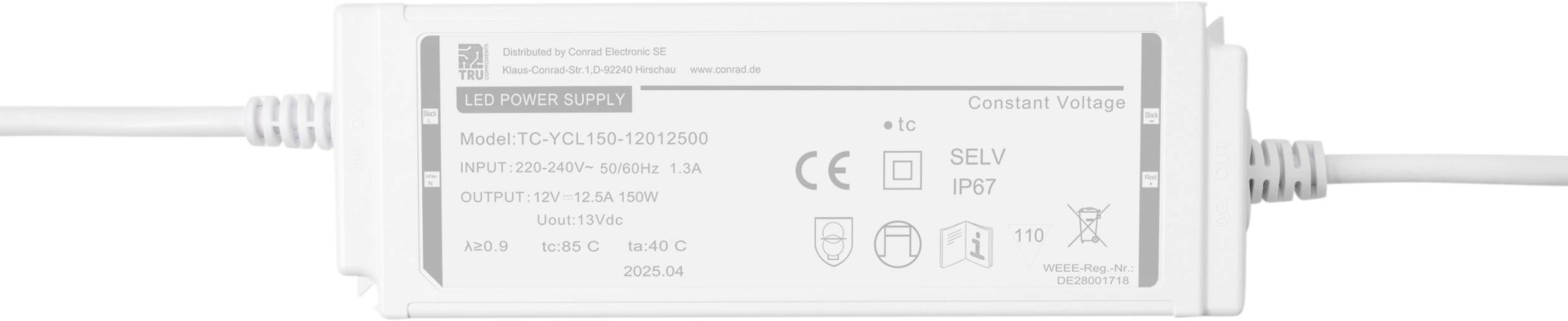 Napájecí modul LED s bílou diodou, model TPC-100-12SN13060. Vstup: 220-240V; Výstup: 12V, max. 120W. Vlastnosti: IP67, SELV, certifikace CE.