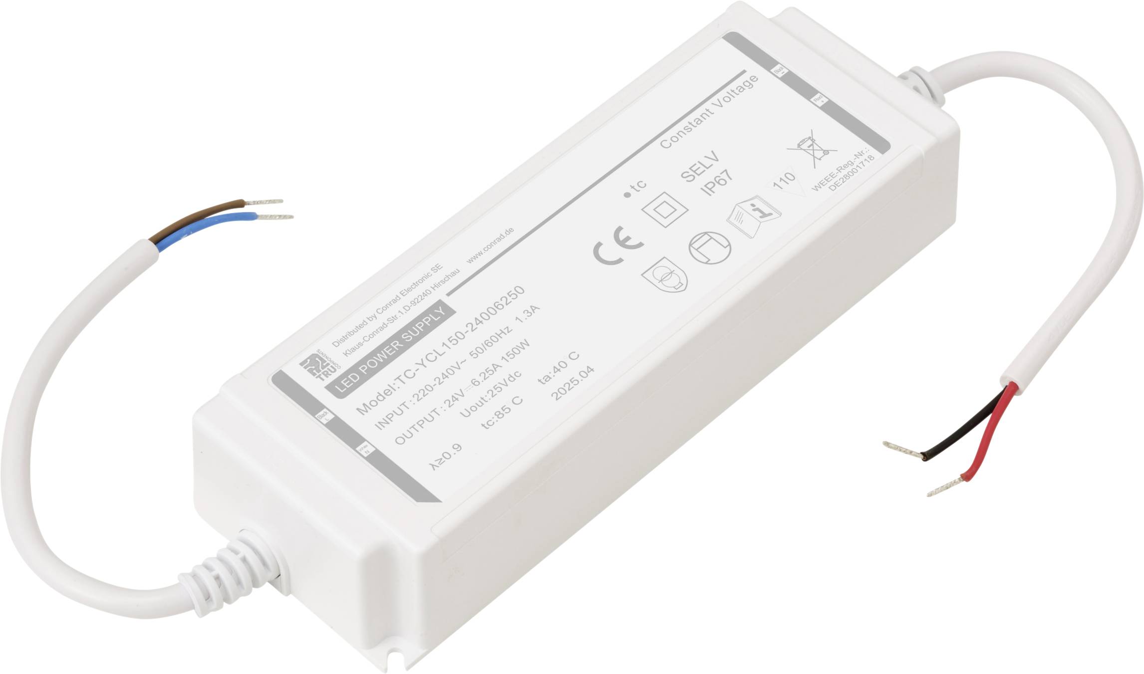 Bílá obdélníková napájecí jednotka LED s vyvedenými vstupními a výstupními vodiči na každém konci, zobrazující různé elektrické parametry.