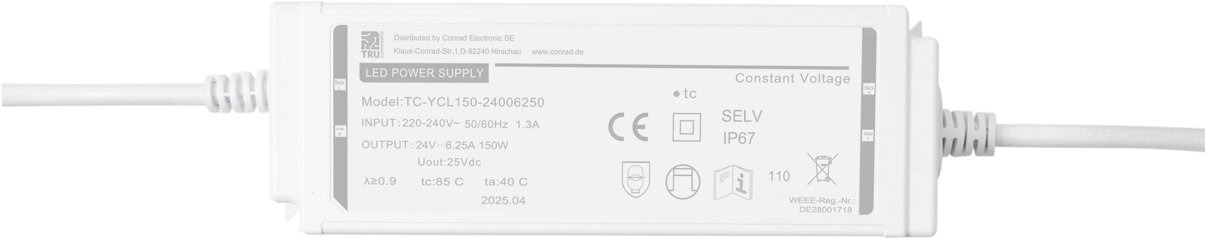 Napájecí zdroj pro bílou LED s různými specifikacemi, včetně vstupních a výstupních údajů, bezpečnostních certifikací a čísla modelu.