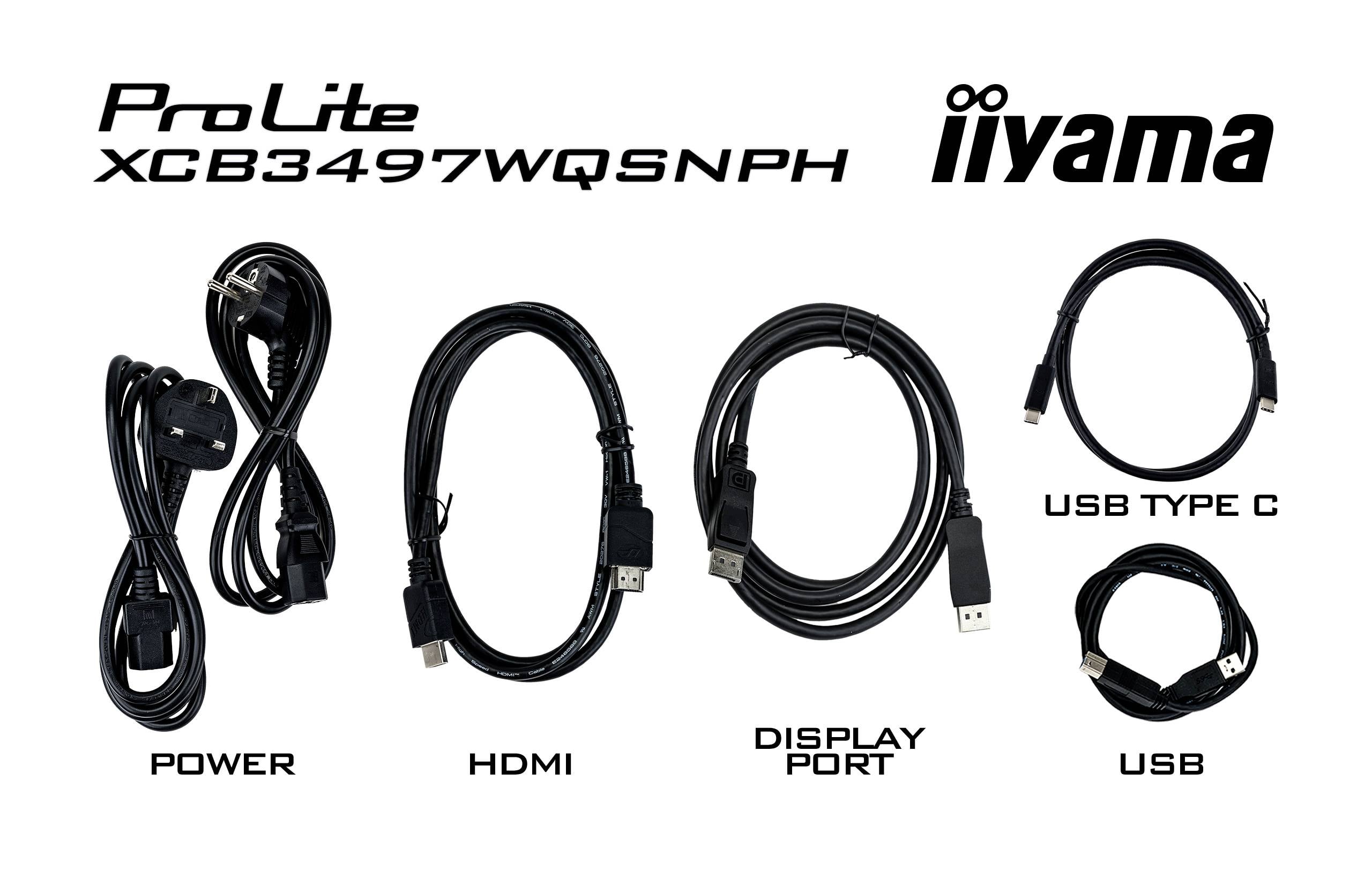 'ProLite XCB3497WQSNPH' Přehled kabelů: Napájecí kabel, HDMI, DisplayPort, USB typ C, USB. Název značky 'iiyama' nahoře vpravo.