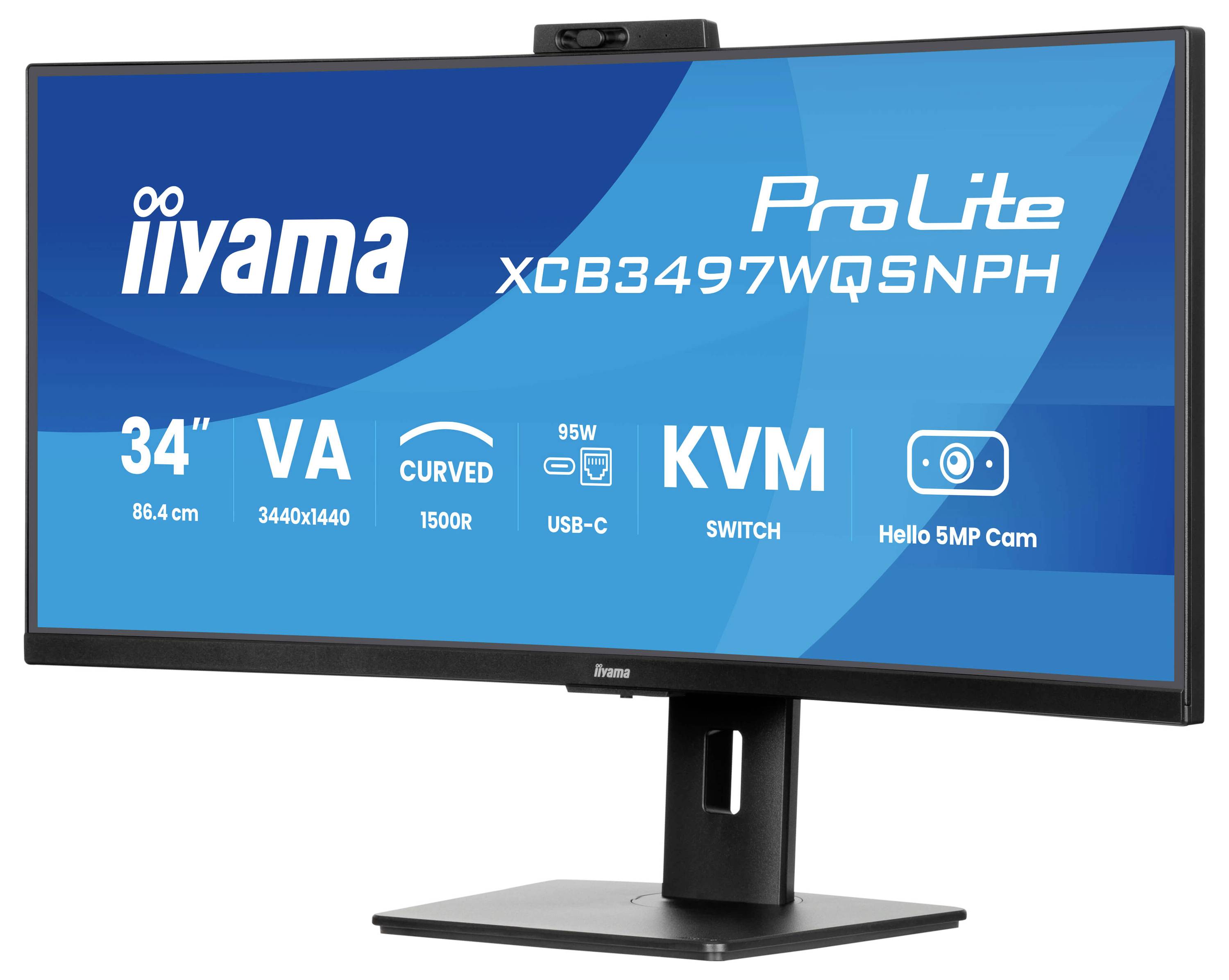 Široký počítačový monitor značky iiyama s úhlopříčkou 34 palců, zakřivenou obrazovkou a kamerou. Model 'ProLite XCB3497WQSNPH'.