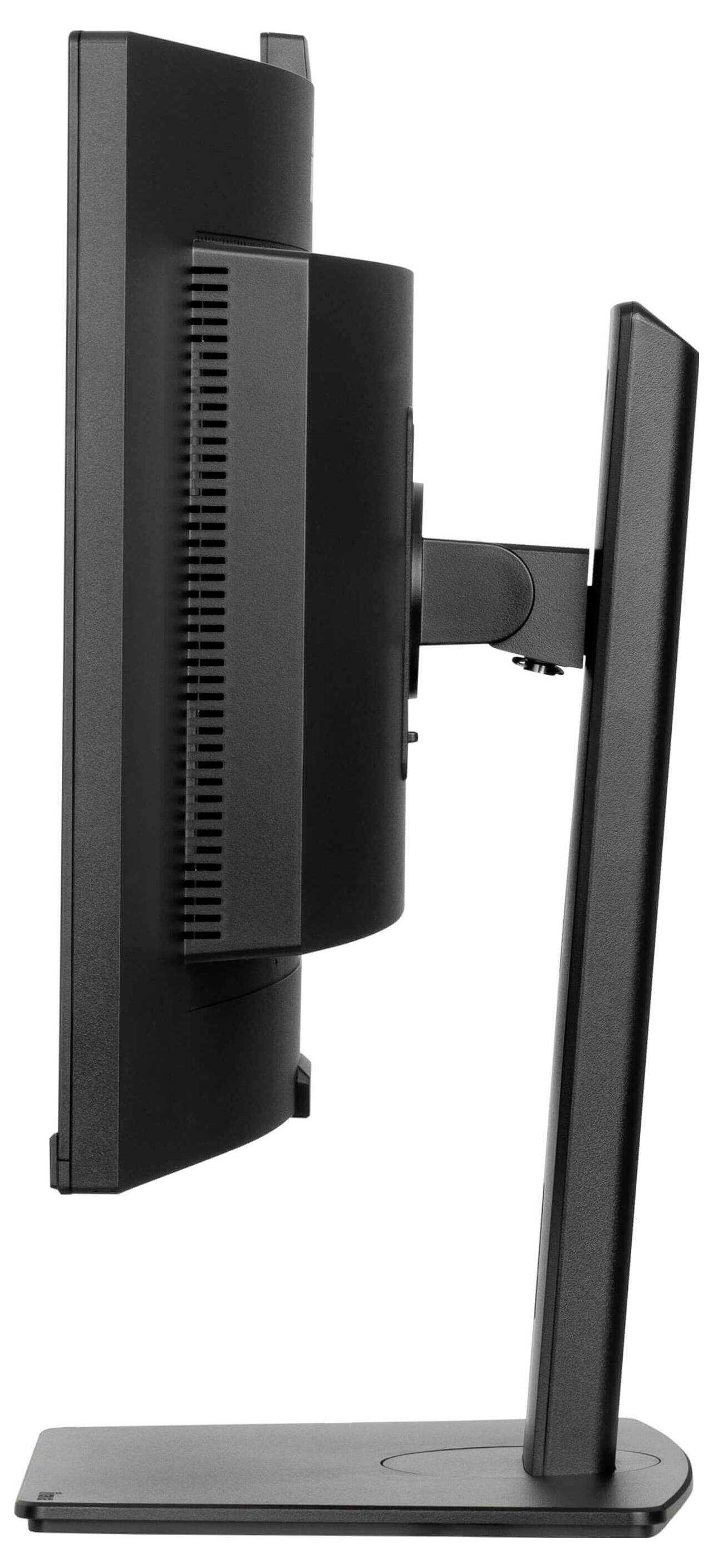 Počítačový monitor z bočního pohledu ukazuje štíhlý design a nastavitelnou podložku.