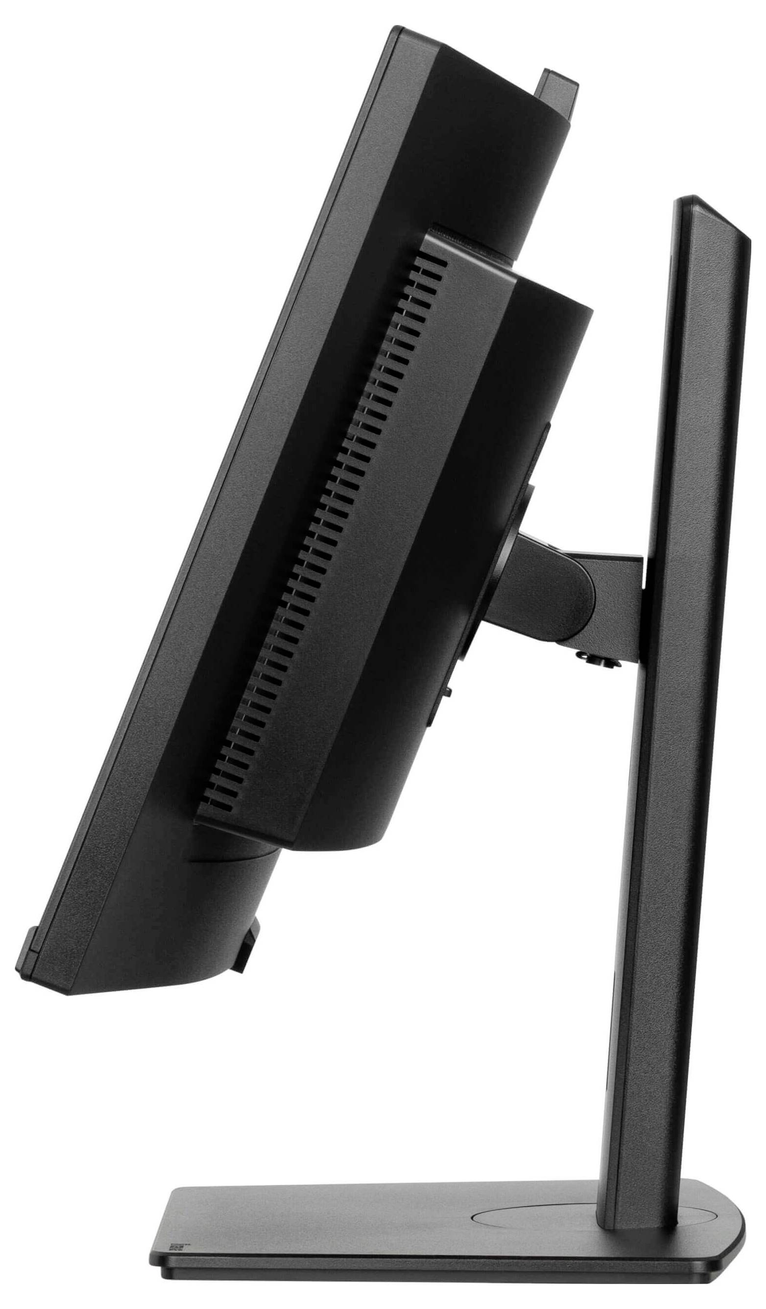 Plochý LCD monitor z bočního pohledu, který ukazuje nastavitelný stojan a štíhlou konstrukci.