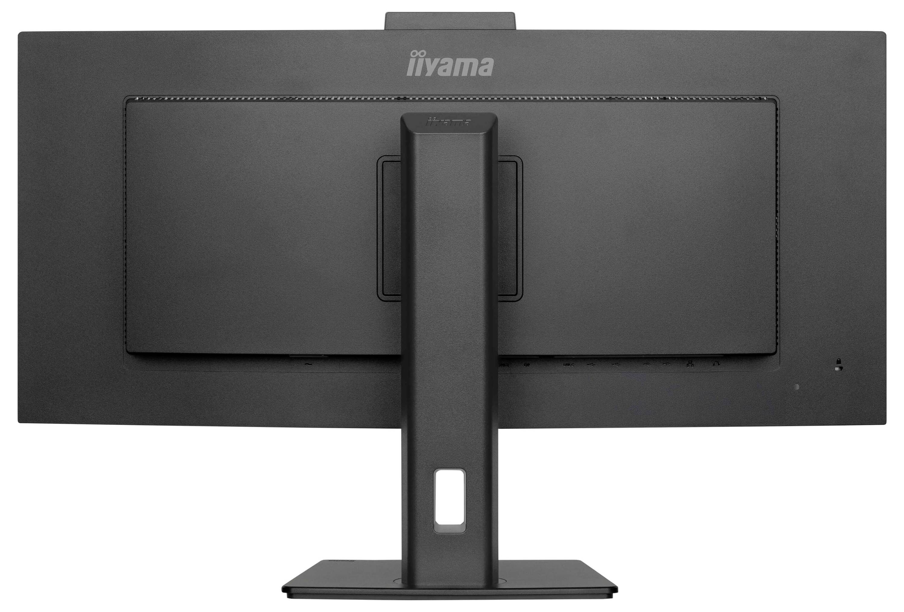 Černý monitor zezadu s obdélníkovým podstavcem. Firemní logo 'iiyama' viditelné nahoře na rámu.