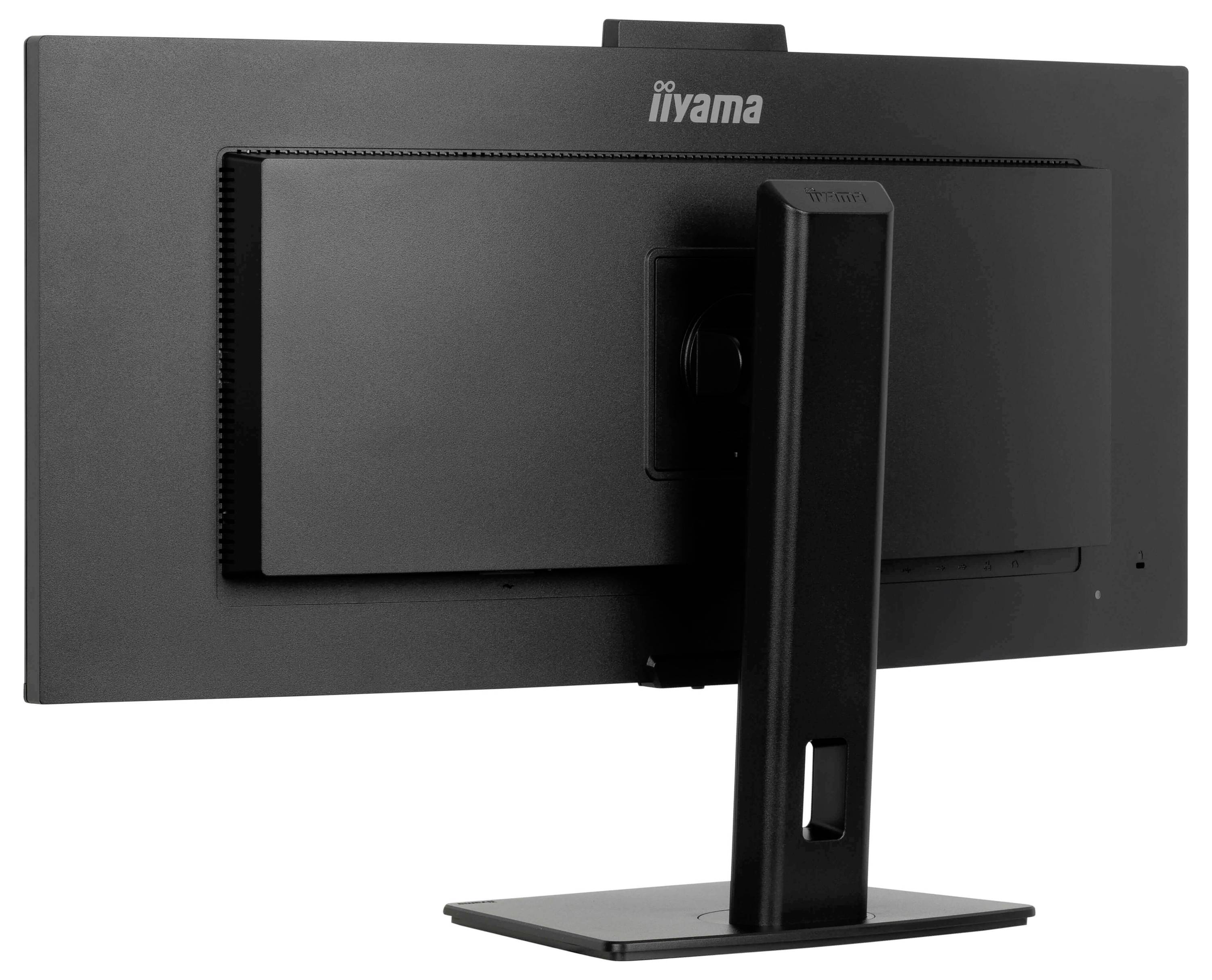 Černý počítačový monitor značky Iiyama, pohled zezadu, ukazující stojan a zadní panel.