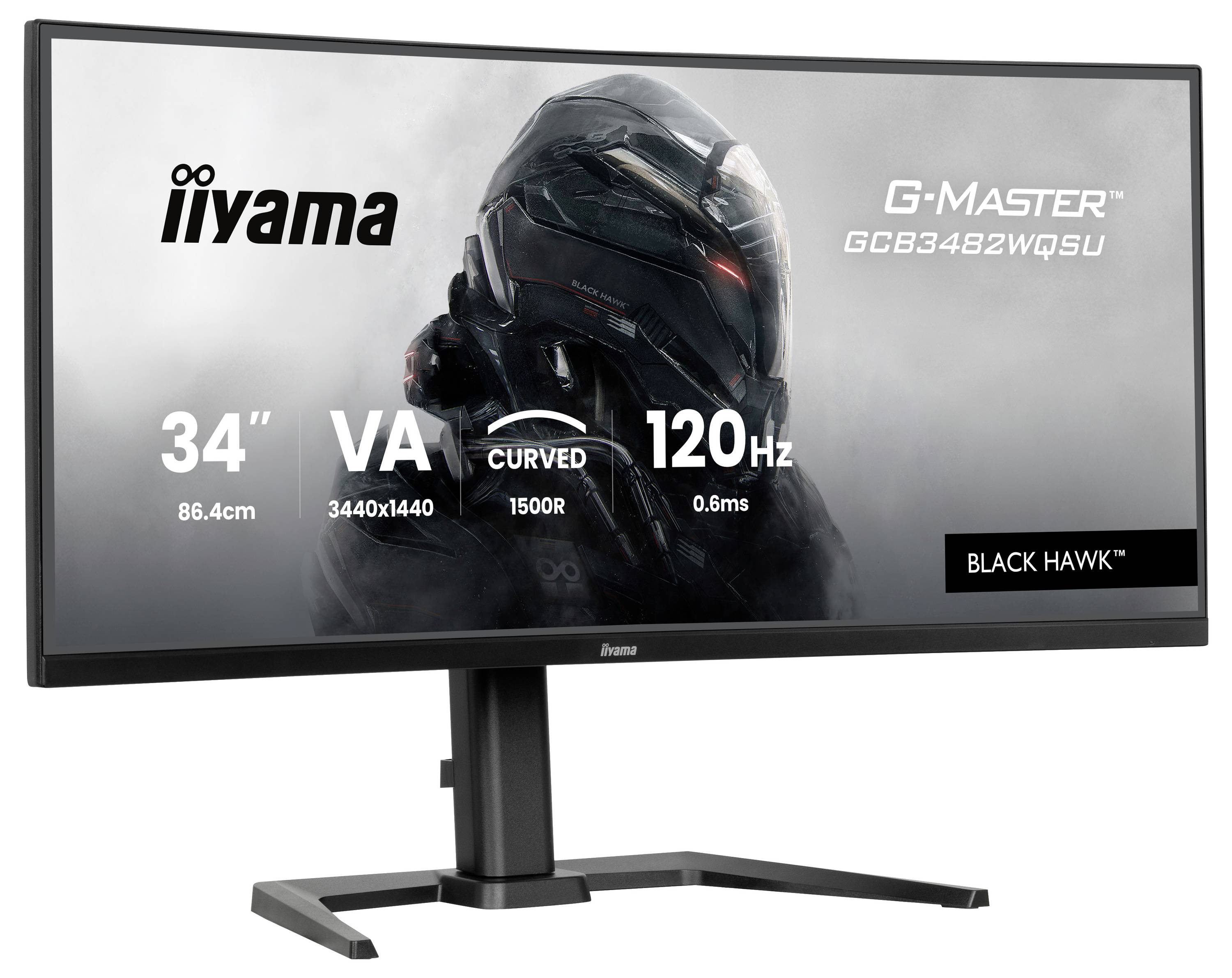 34palcový zakřivený herní monitor od iiyamy s obnovovací frekvencí 120 Hz a VA panelem. Model: G-Master GCB3482WQSU, série Black Hawk.