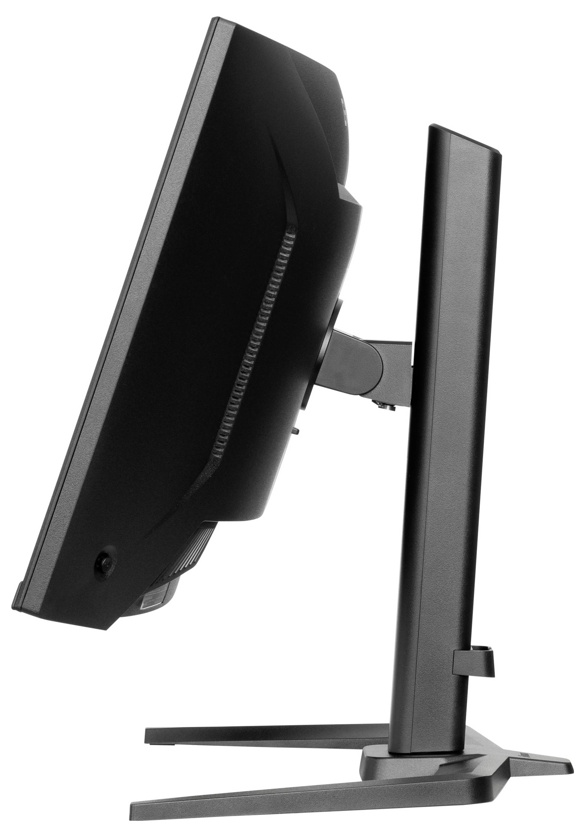 Černý počítačový monitor z pohledu z profilu, upevněný na stabilní podstavě.