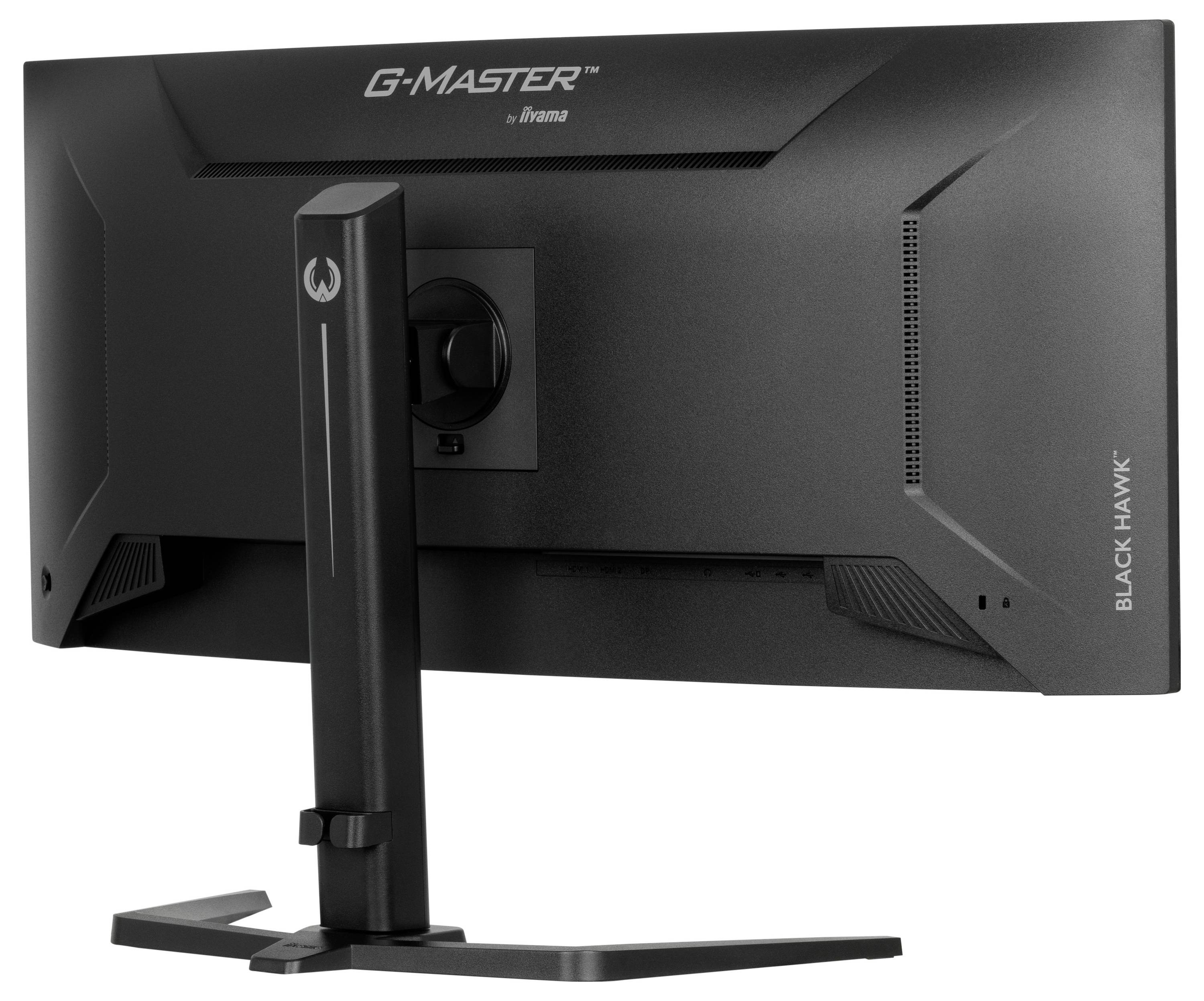 Černý počítačový monitor značky G-Master Black Hawk, zobrazený zezadu. Má stabilní podstavec a jednoduché designové prvky.