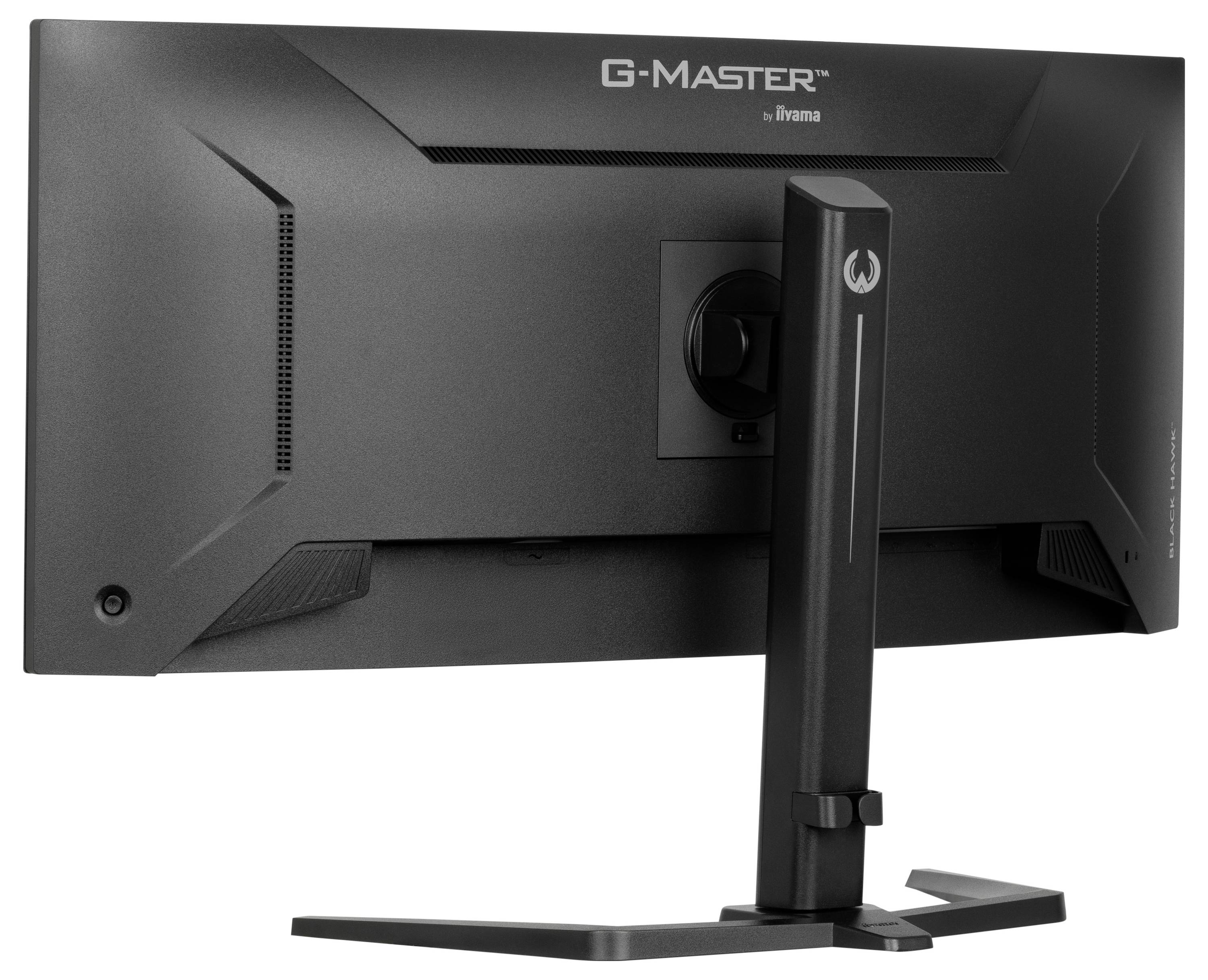 Monitor 'G-Master' pohledem zezadu, ukazující robustní stojan a konektory. Obrazovka má moderní, hranaté designové prvky.
