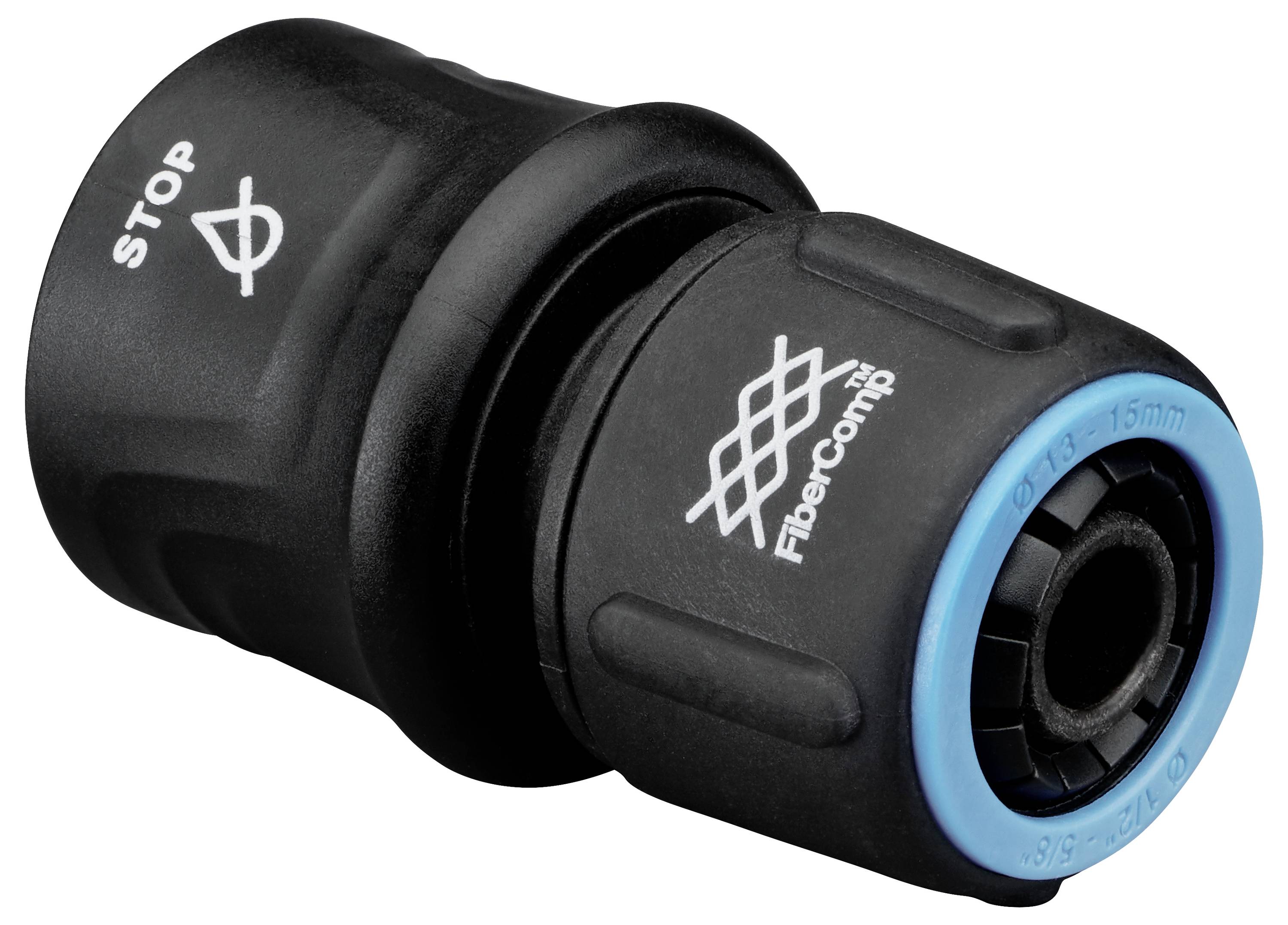 Černý hadicový konektor s nápisem 'STOP' a modrým těsněním. Vhodný pro hadice o průměru 19 mm (3/4") a 15 mm (5/8").