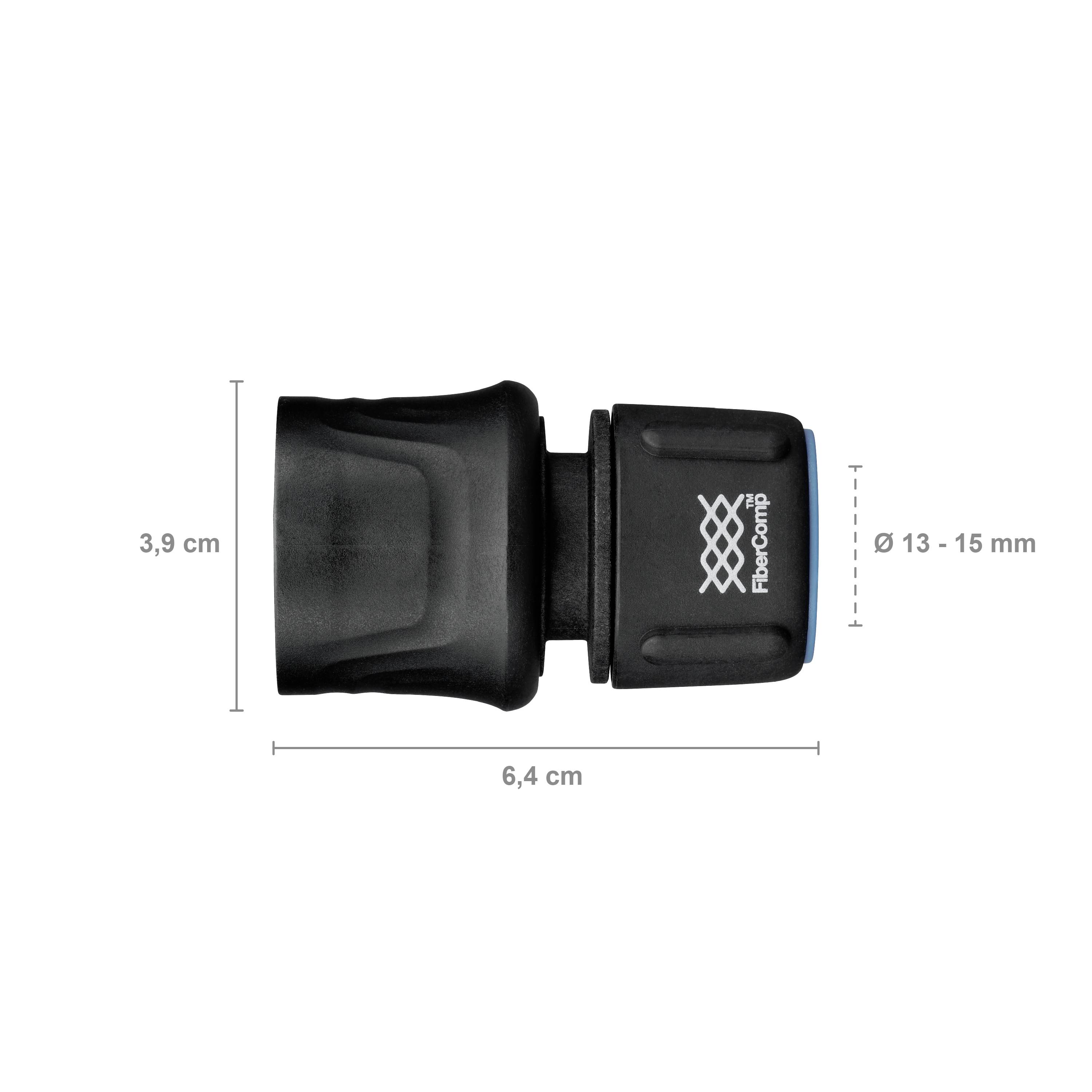 Adaptérová přípojka s rozměry: délka 6,4 cm, průměr 13-15 mm, výška 3,9 cm. Černý design s logem společnosti.