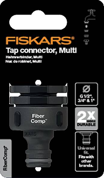 'Fiskars Připojení na kohoutek, Multi'. Adaptér na vodovodní kohoutek. Kompatibilní s různými značkami a velikostmi. Odolný materiál, 2x delší životnost.