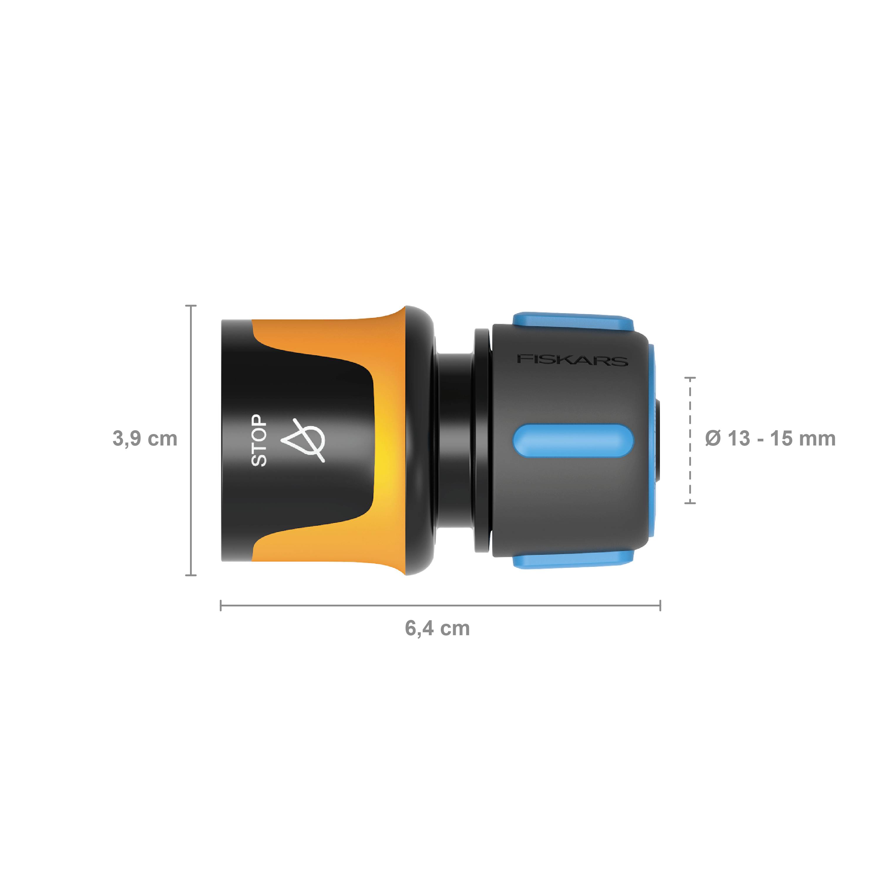 Hadičková spojka Fiskars se Stop funkcí, 6,4 cm dlouhá, vhodná pro hadice s průměrem 13-15 mm.