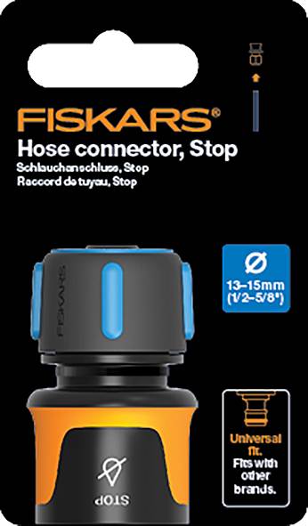 Spojka hadice FISKARS, Stop - balení s vyobrazením hadicového konektoru pro hadice 13–15 mm. Poznámka: 'Univerzální použití'.