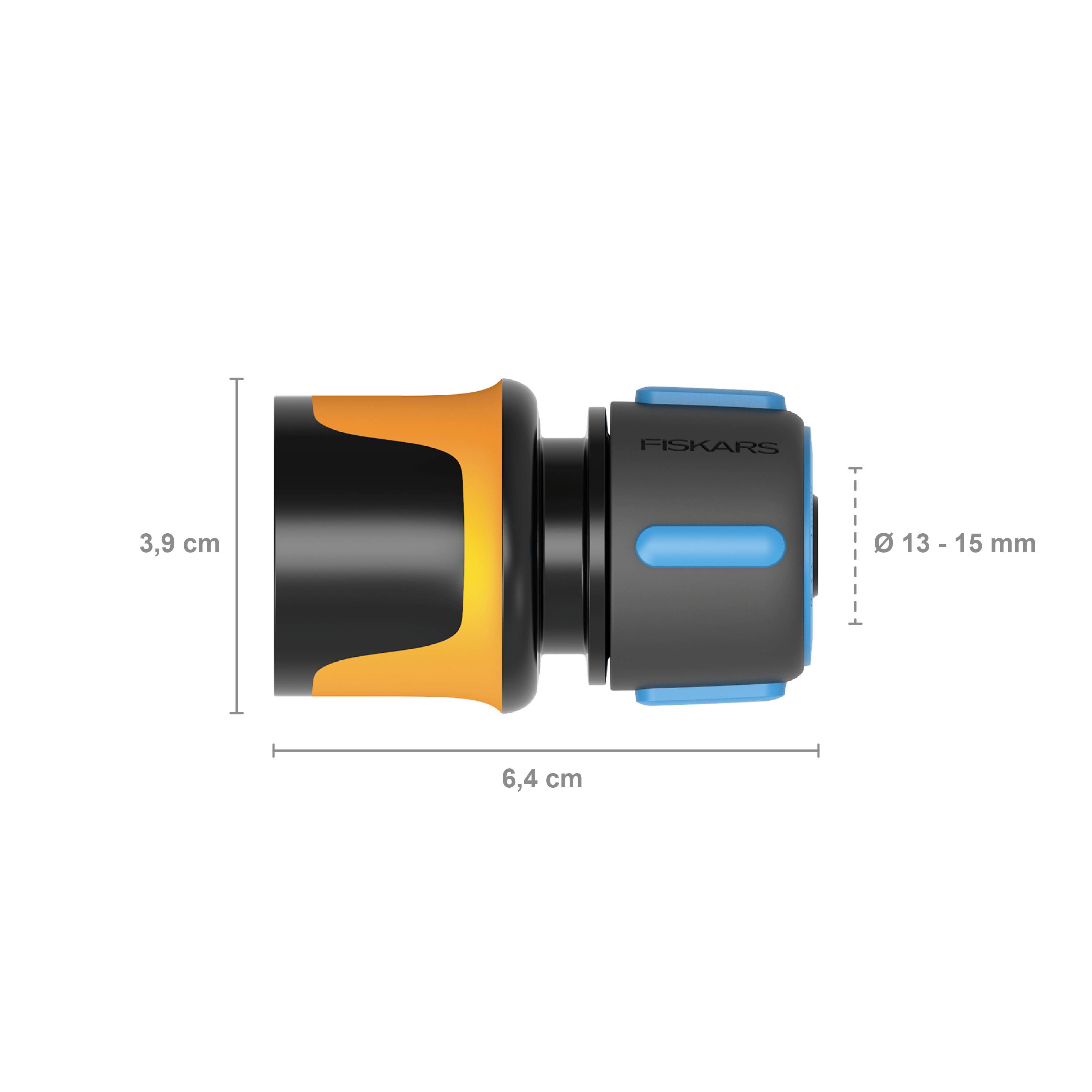 Obrázek černého a oranžového hadičního nástavce s modrými prvky, dlouhého 6,4 cm, pro hadice o průměru 13-15 mm.