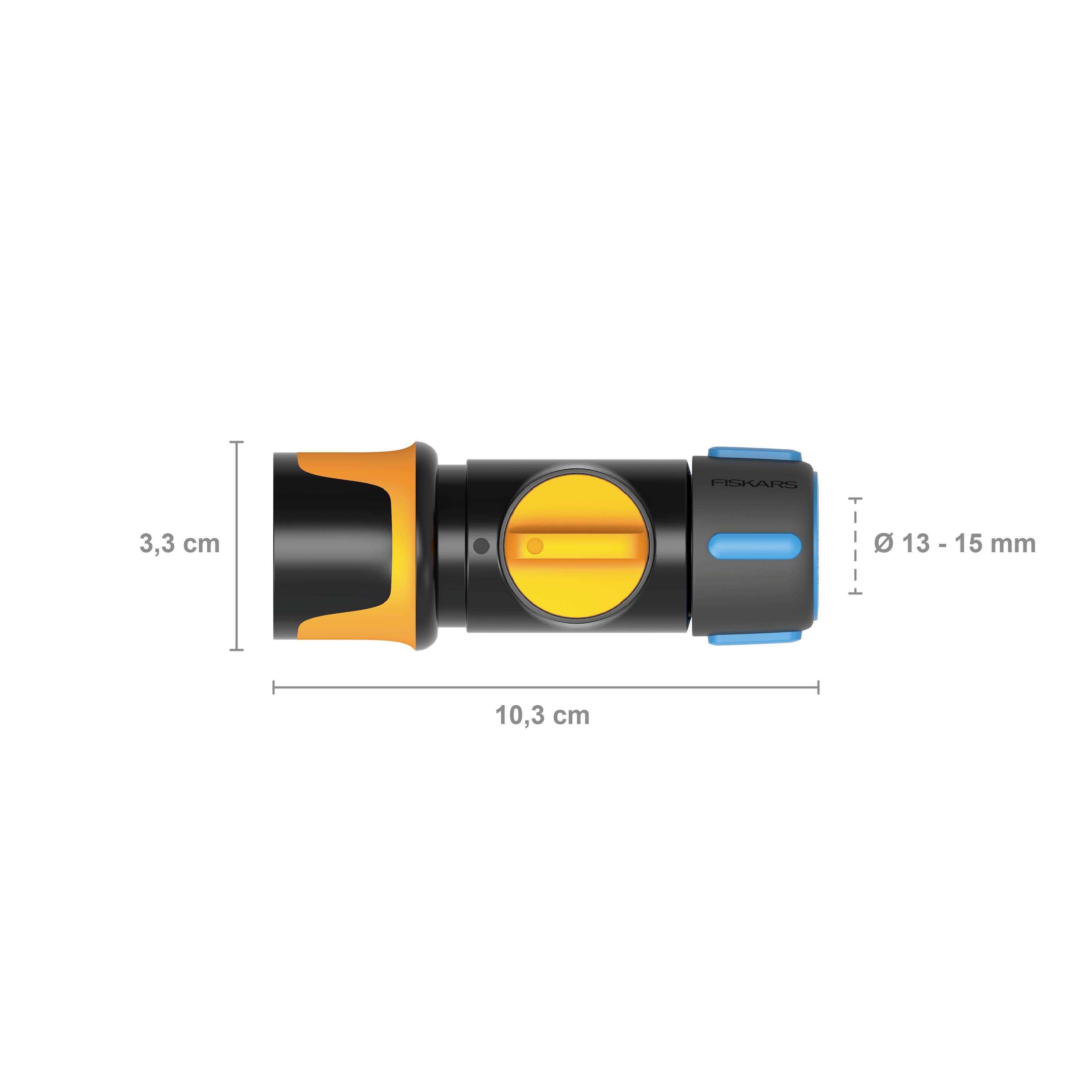 Montážní návod pro spojovací trubkový díl: délka 10,3 cm, výška 3,3 cm, průměr 13-15 mm. Černý a modrý design s žlutými akcenty.