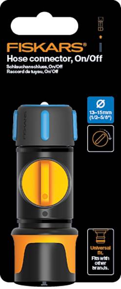 Připojení hadice Fiskars s funkcí zapnuto/vypnuto, vhodné pro hadice o průměru 13-15 mm. Obal zobrazuje obrázek produktu a loga.