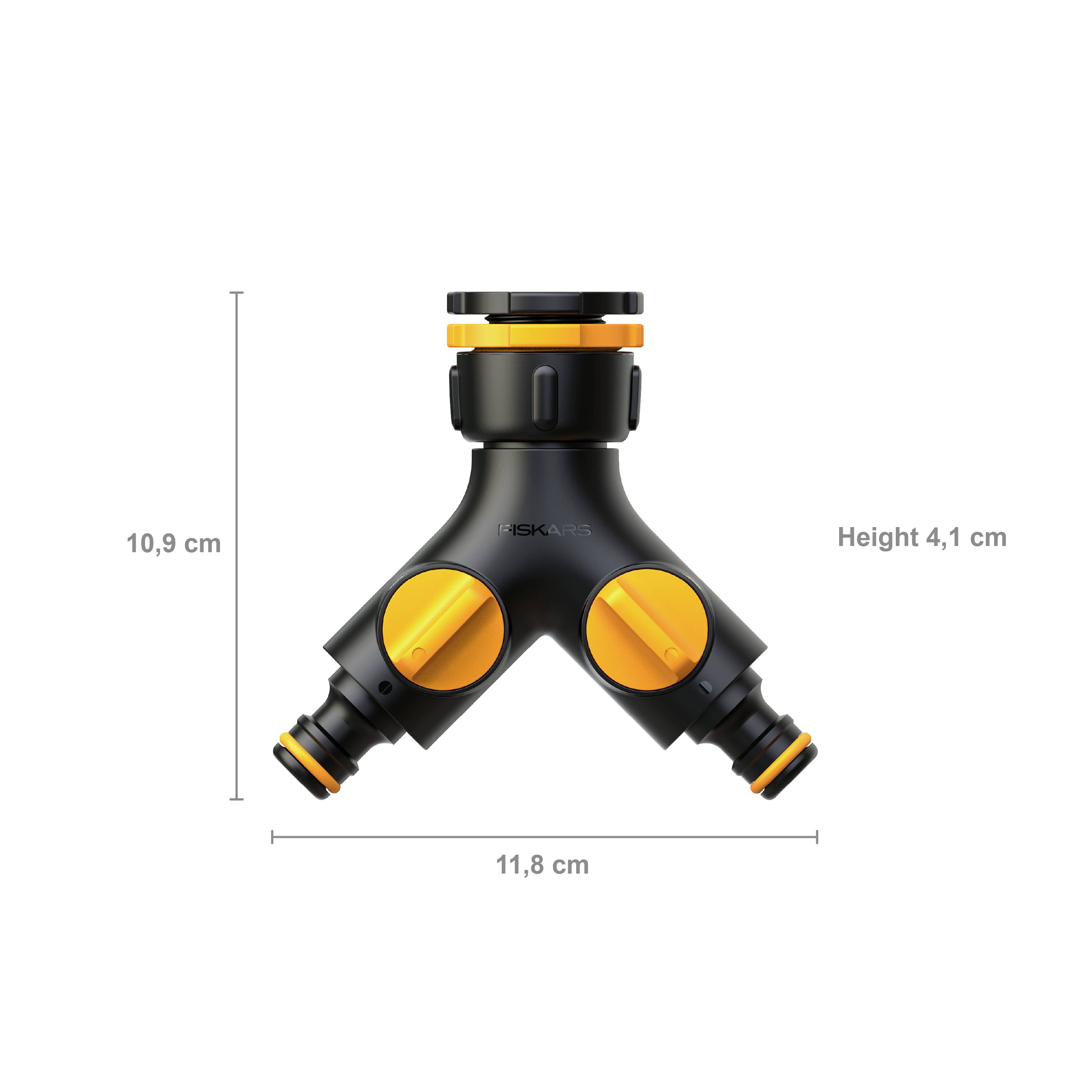 Y-rozvaděč se dvěma přípoji, černý s oranžovými akcenty. Rozměry: výška 4,1 cm, šířka 11,8 cm, hloubka 10,9 cm.