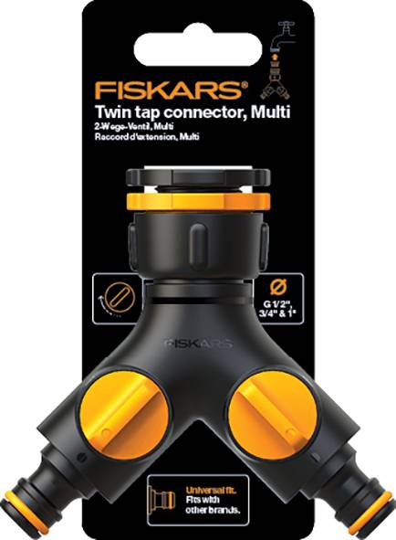 Plastový dvouspojkový adaptér Fiskars pro zahradní hadice. Vhodný pro různé velikosti hadic. Černá barva s oranžovými detaily.