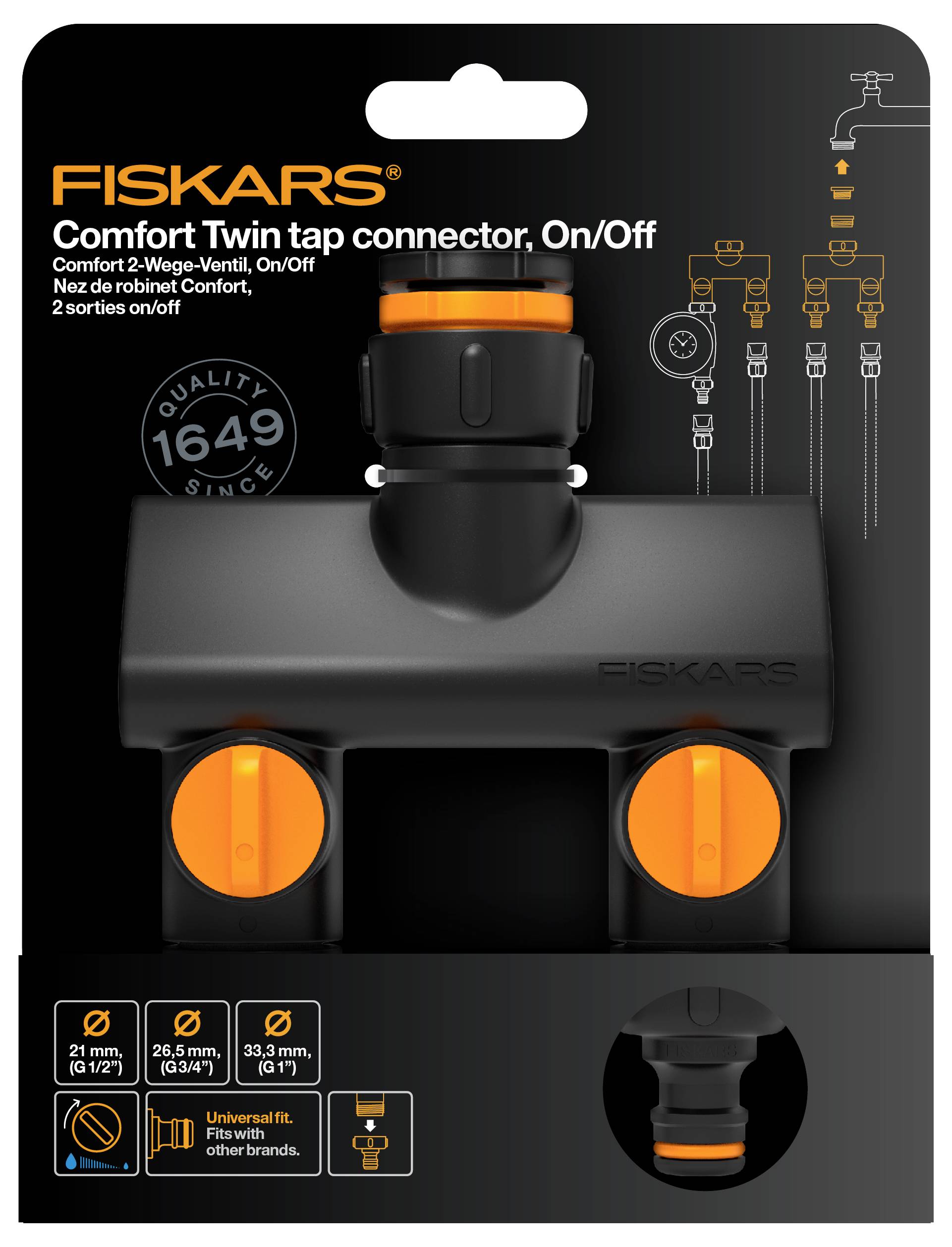 Dvoucestný vodovodní ventil Fiskars s oranžovými ventily, balený. Vhodný pro různé velikosti hadic.