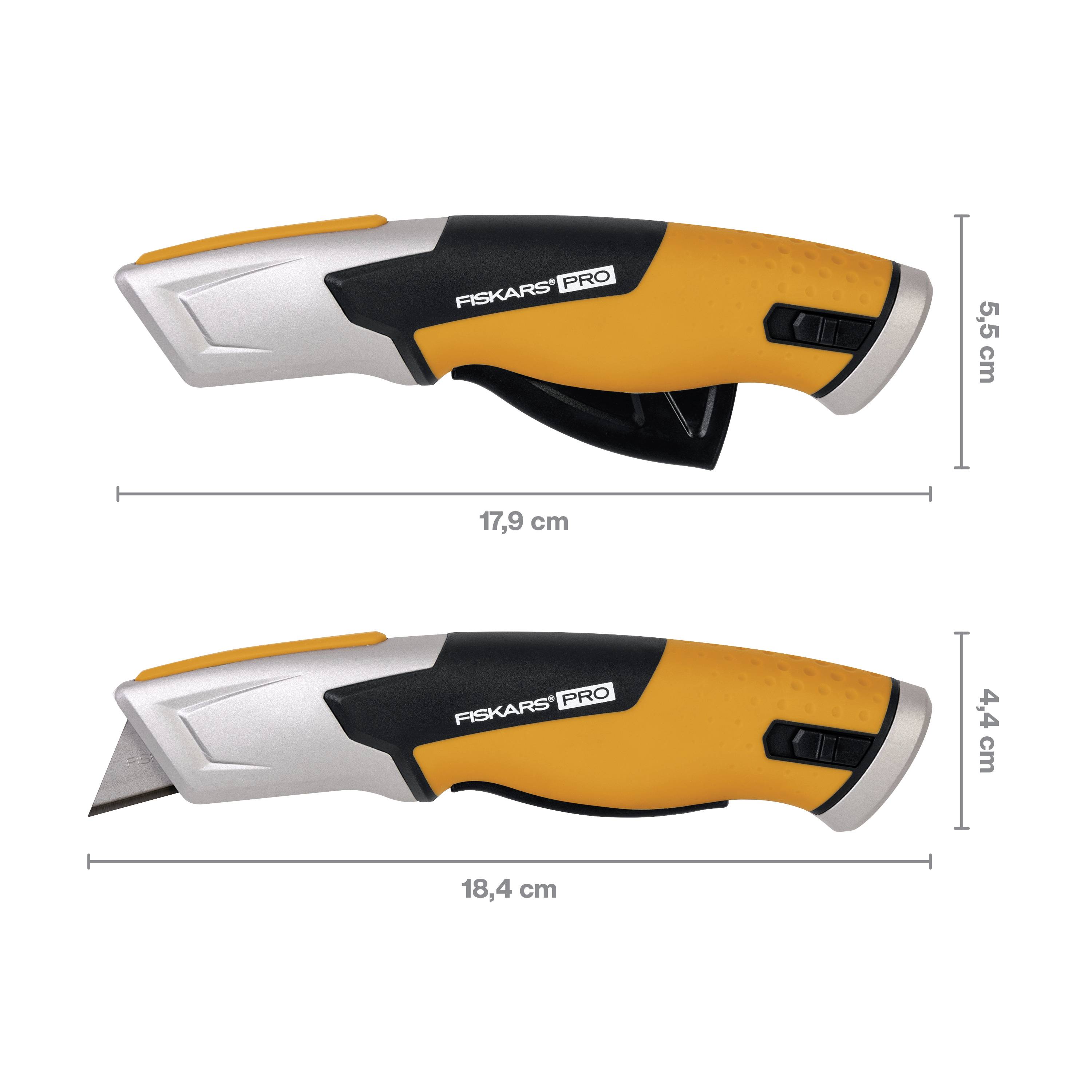Skládací víceúčelový nůž značky 'Fiskars Pro', zobrazený v zavřené a otevřené poloze, měří 17,9 cm a 18,4 cm.