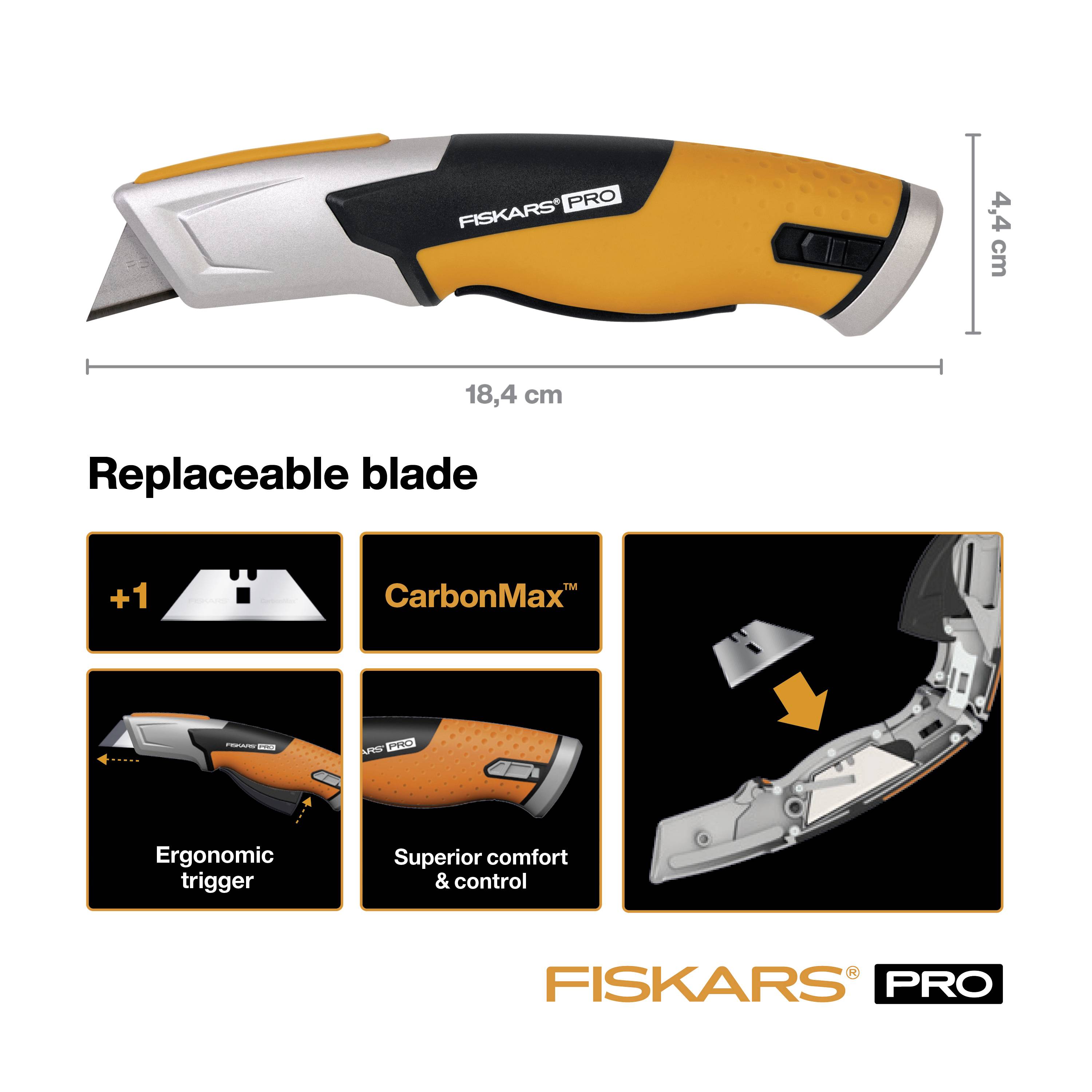 Oranžovo-černý nůž Fiskars s vyměnitelnou čepelí CarbonMax. Má ergonomickou rukověť pro pohodlí a ovladatelnost.