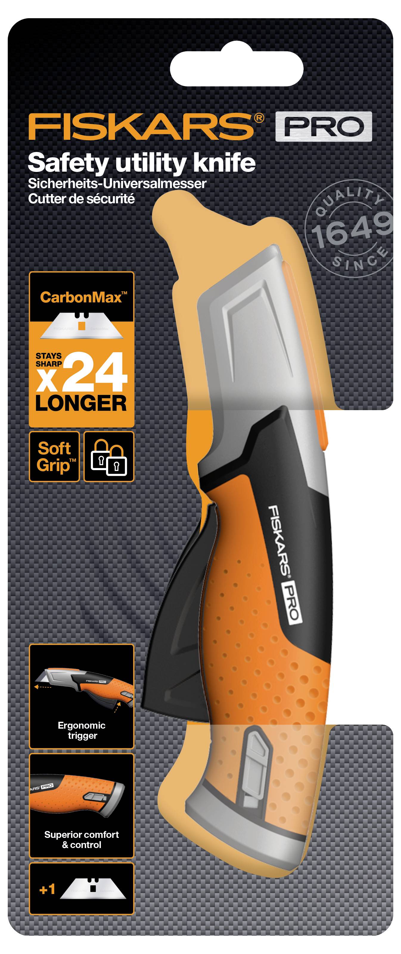 Balení bezpečnostního univerzálního nože FISKARS Pro s čepelí CarbonMax, ergonomickou rukojetí a trvanlivou kvalitou.