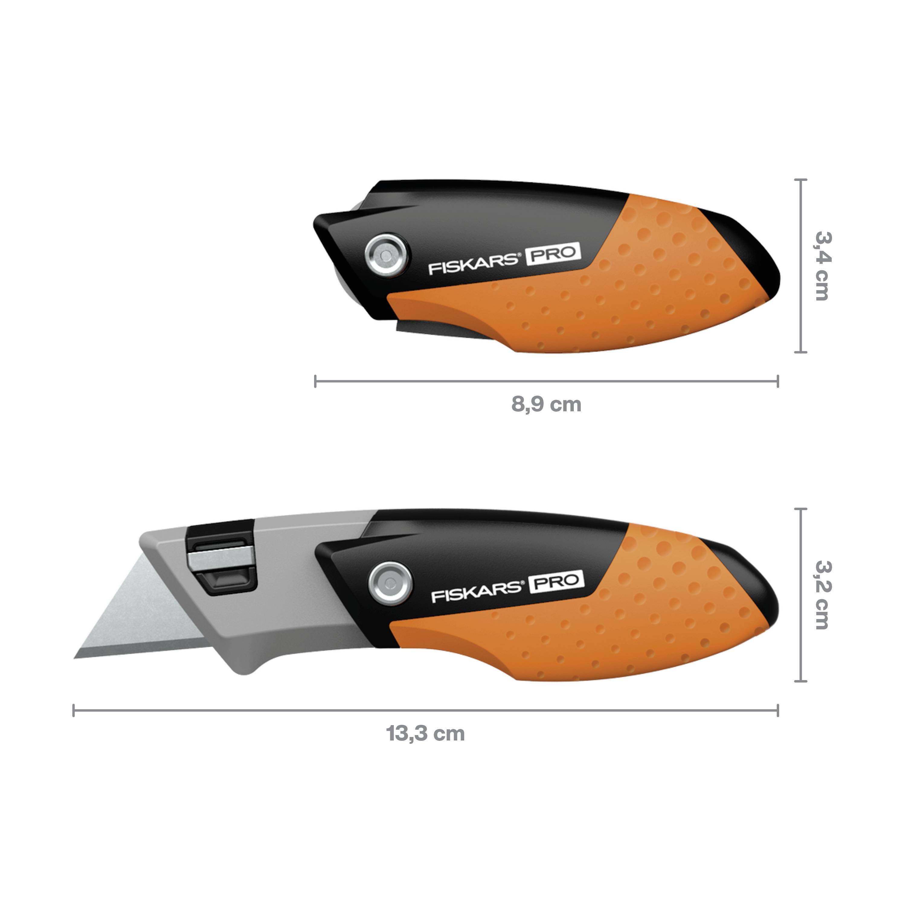 Skládací víceúčelový nůž s výsuvnou čepelí, v zavřeném stavu 8,9 cm, v otevřeném stavu 13,3 cm. Ergonomický design v černé a oranžové barvě.