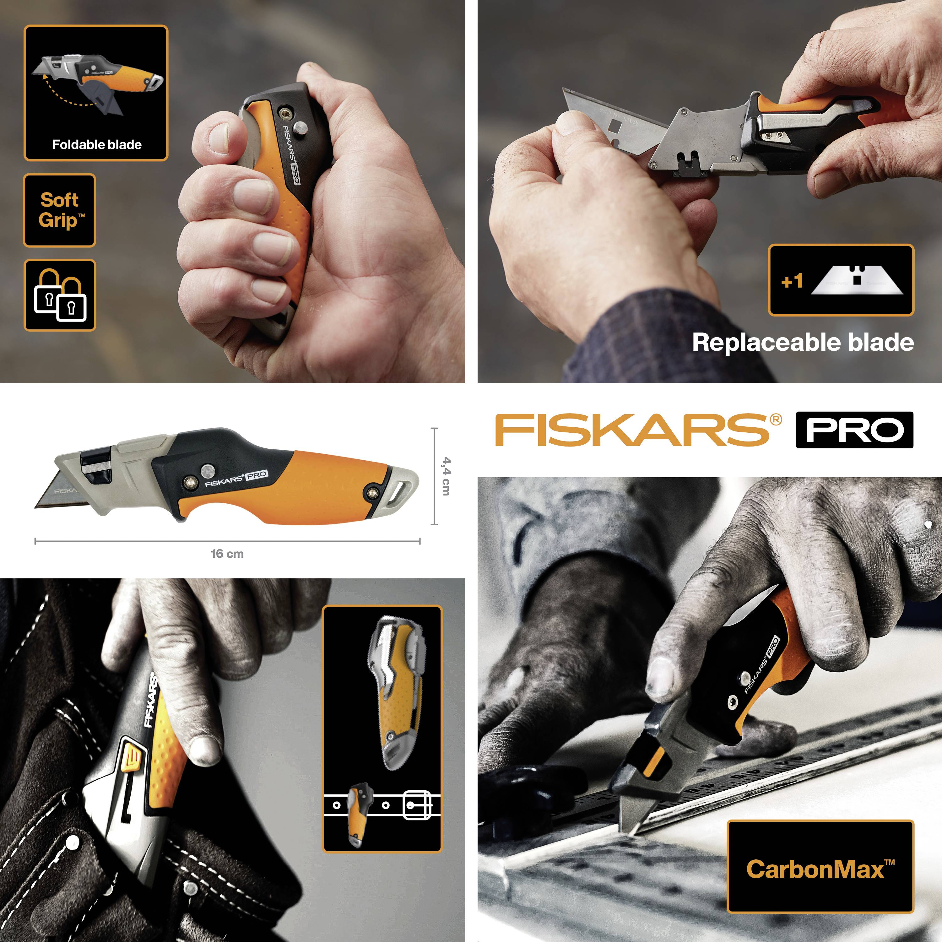 Řezací nůž Fiskars s ergonomickou rukojetí a vyměnitelnou čepelí. Diagram znázorňuje části nože a možnosti jeho použití.