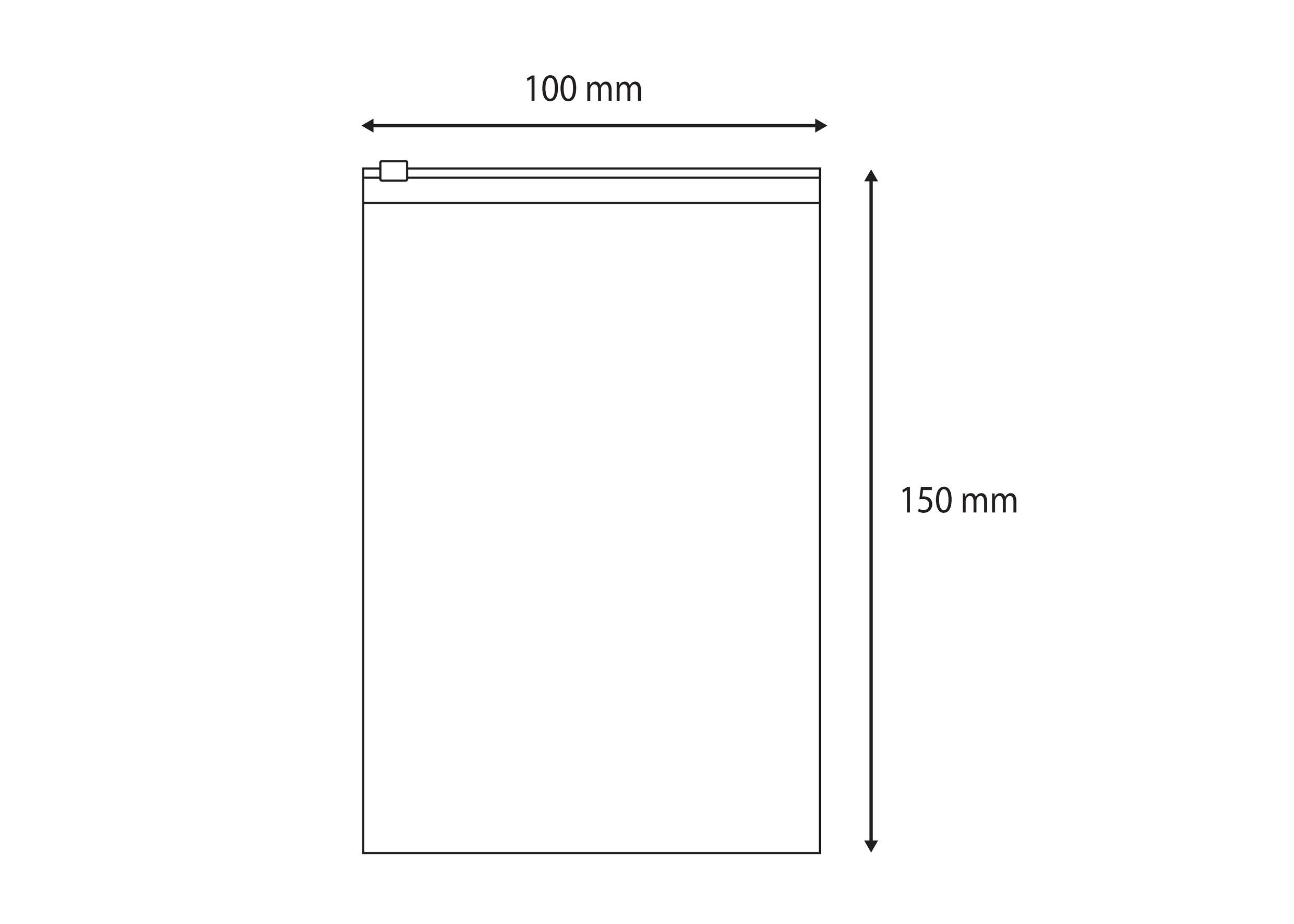 Diagram obdélníkové tašky s rozměry: šířka 100 mm a výška 150 mm.